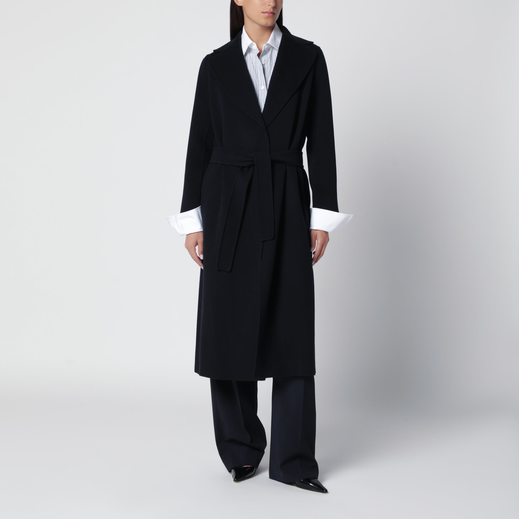 Long robe coat in dark blue virgin wool