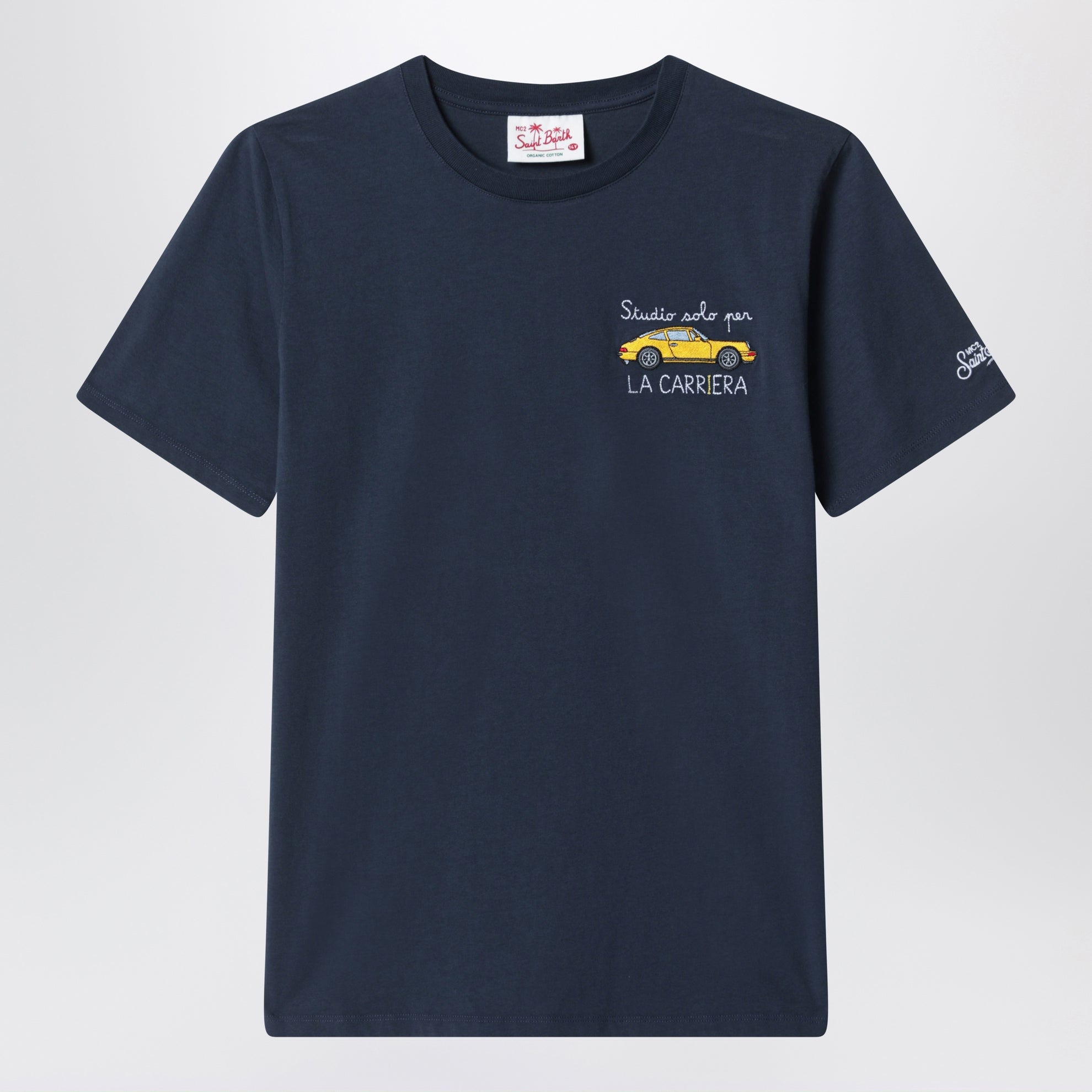 Blue T-shirt with car embroidery