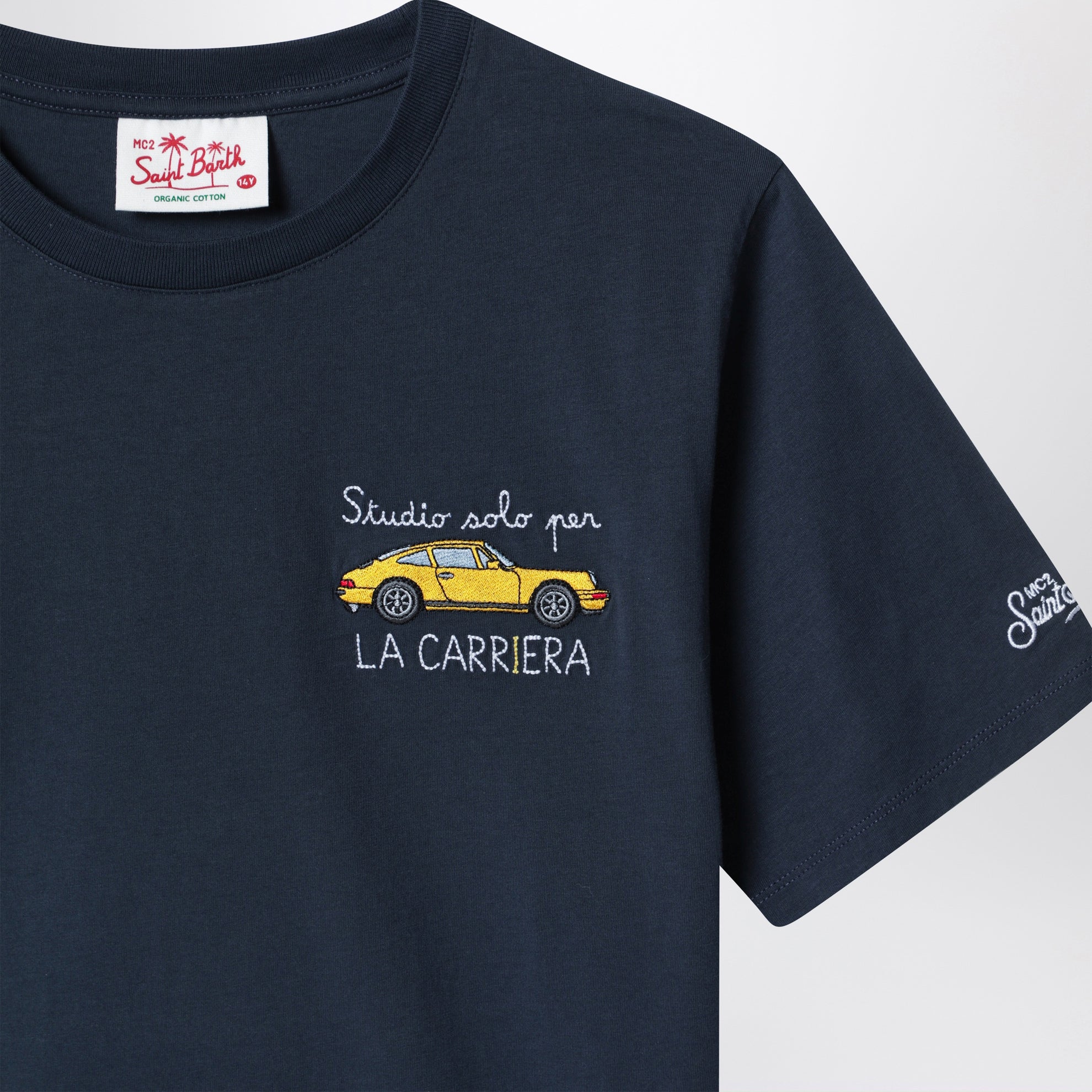 Blue T-shirt with car embroidery