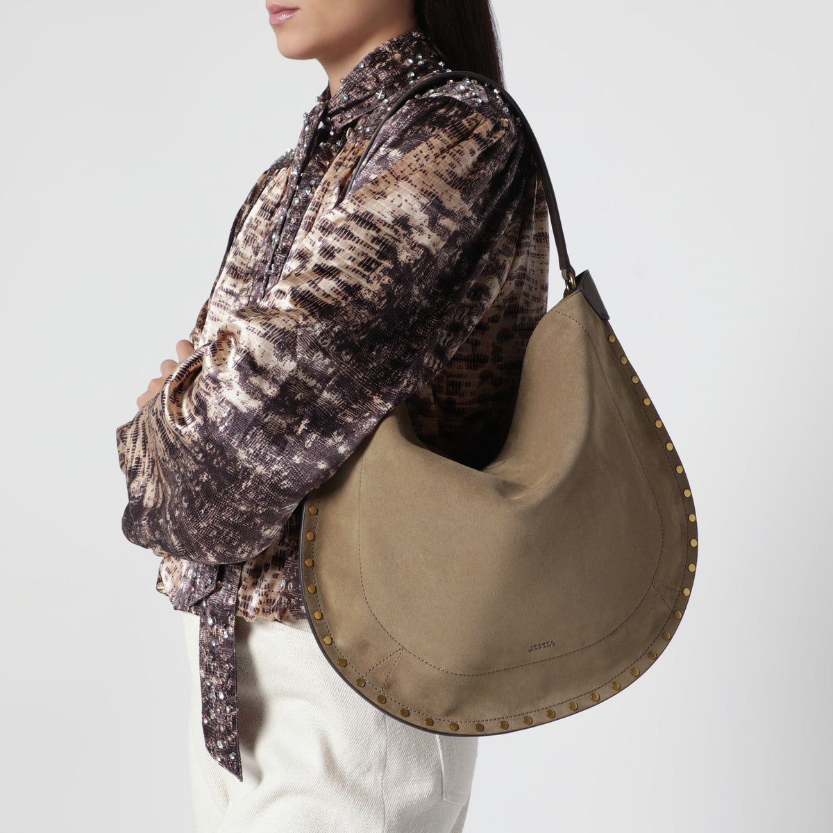 Borsa a tracolla taupe in pelle scamosciata