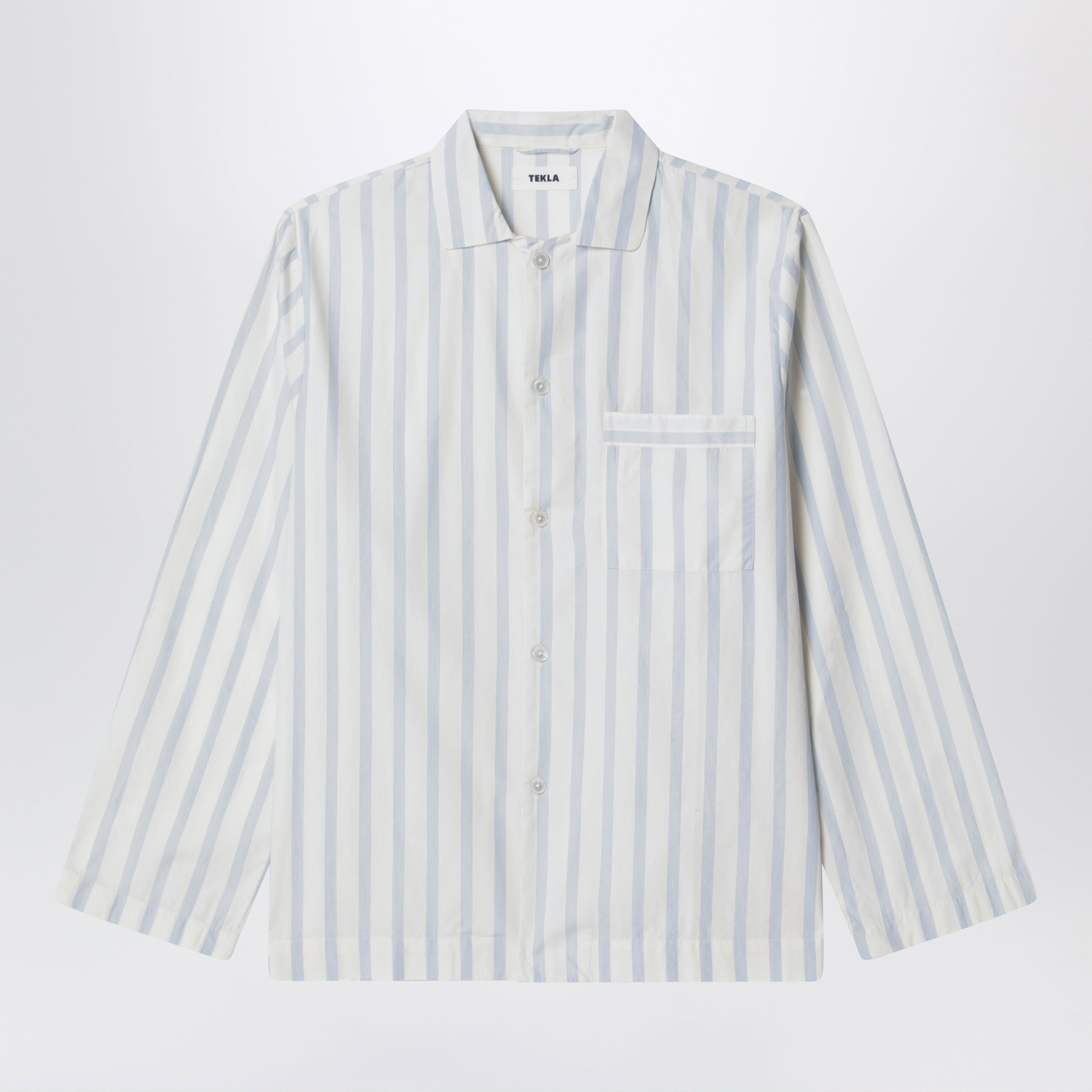 White pajama shirt with light blue stripes