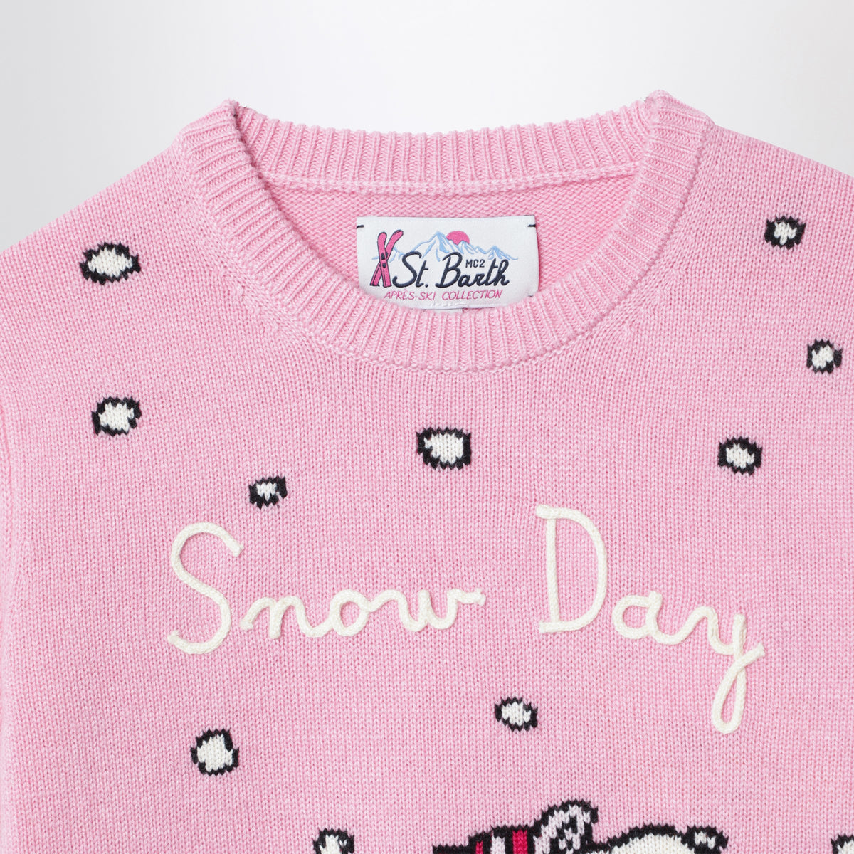 Rosa Pullover aus Wollmischung mit Snoopy und Woodstock Intarsienmotiv