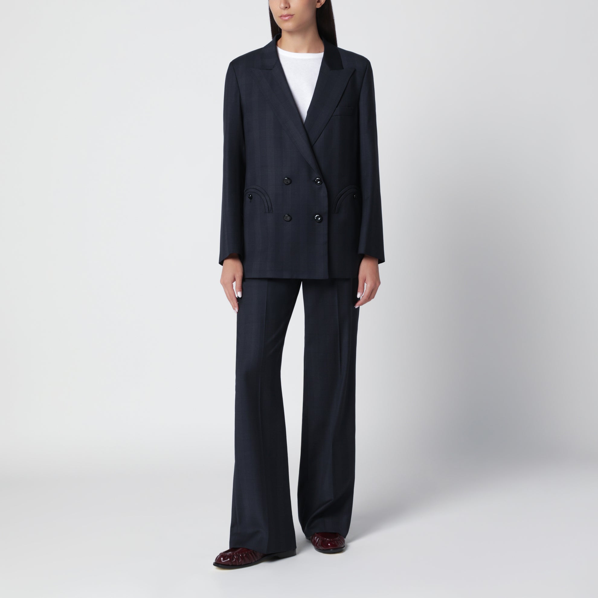 Pantalon Lundy bleu marine motif Prince de Galles en laine