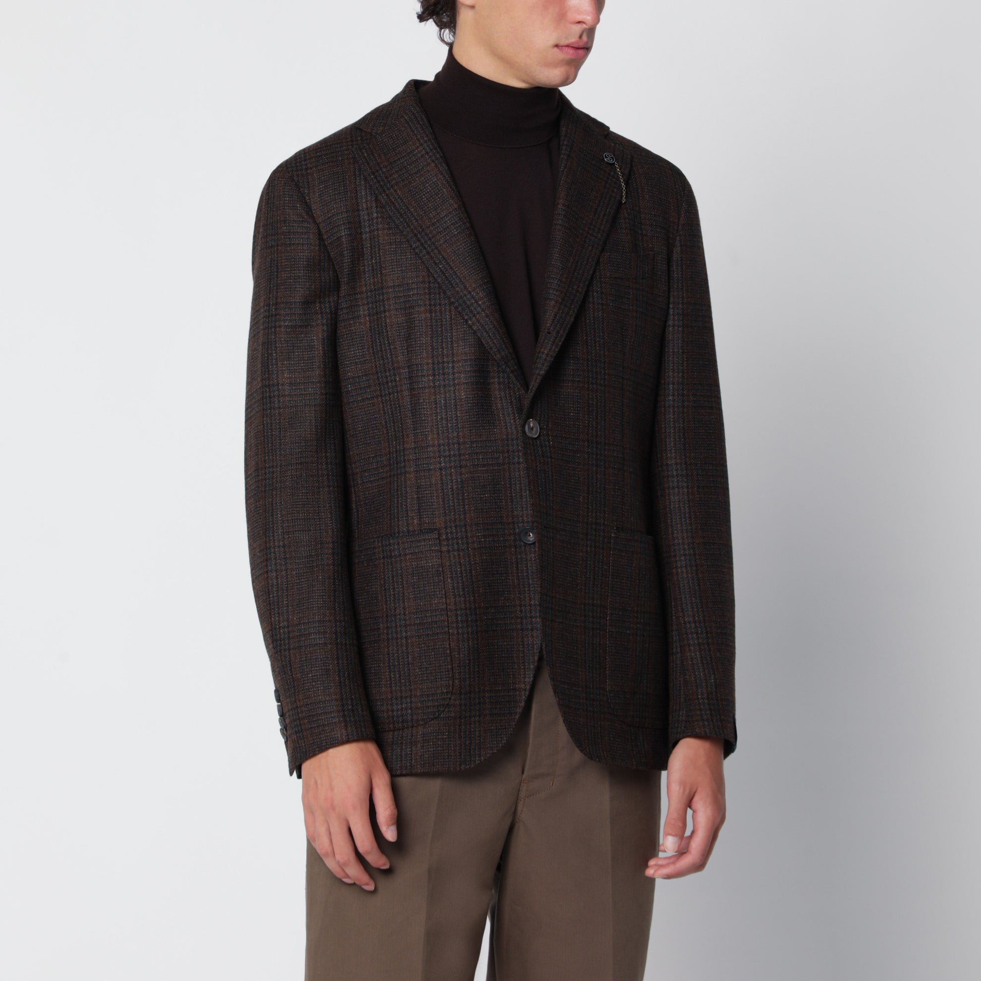 Veste droite marron à motif Prince-de-Galles