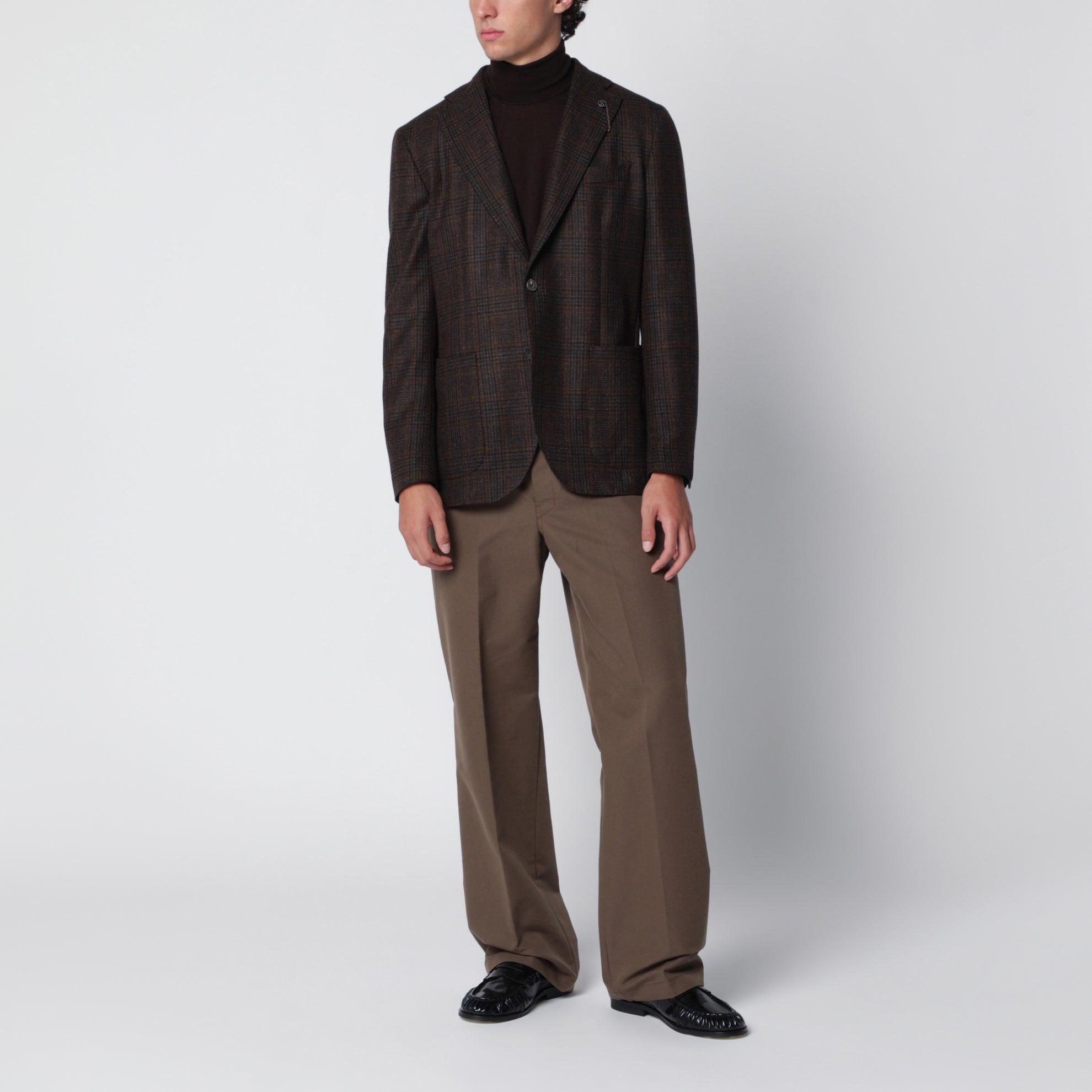 Veste droite marron à motif Prince-de-Galles