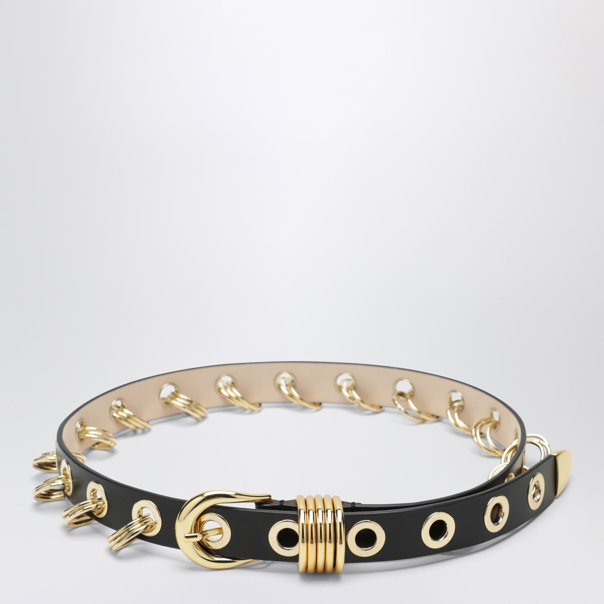 Cintura Revenge nera/oro in pelle con occhielli metallici