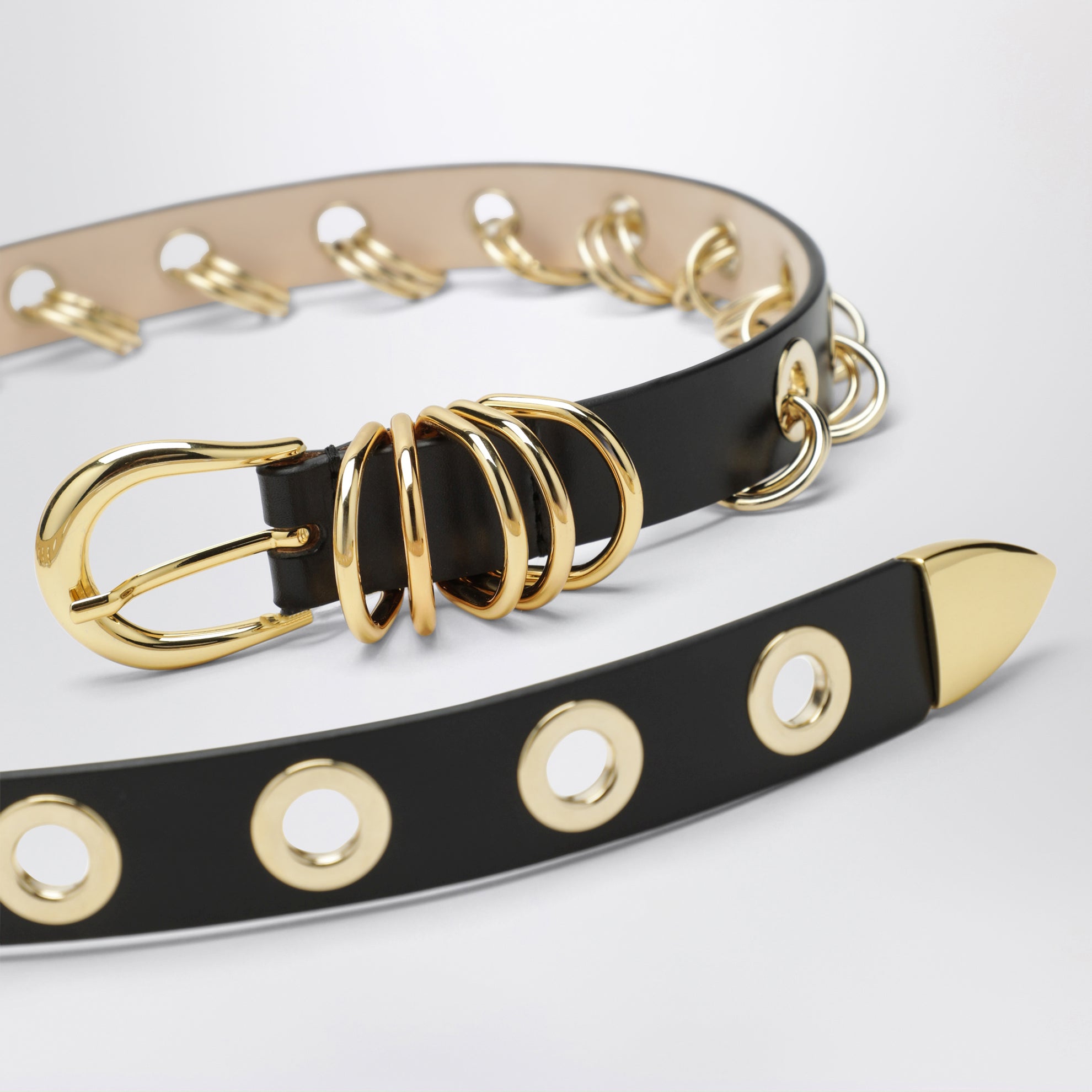 Cintura Revenge nera/oro in pelle con occhielli metallici