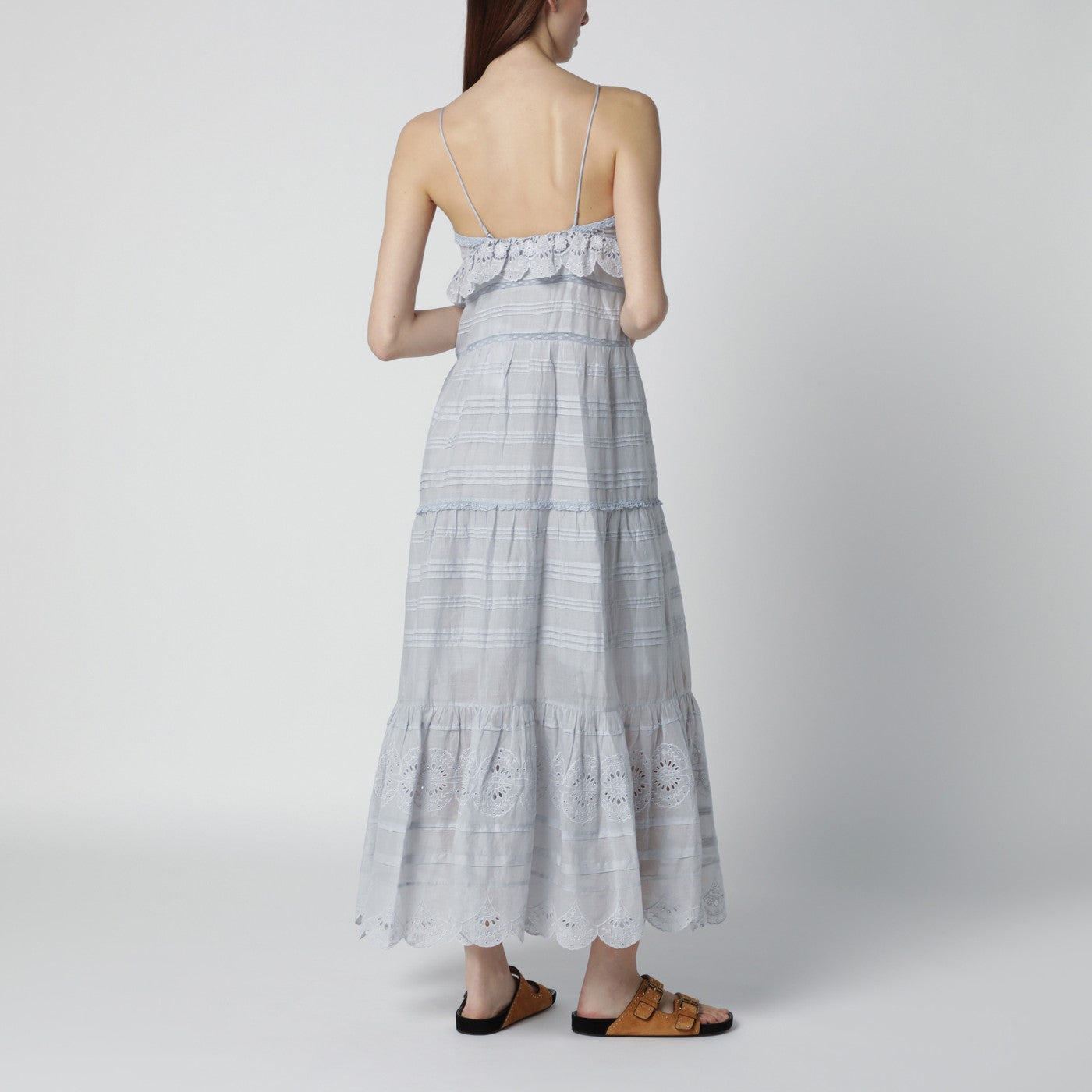 Hellblaues langes Paule-Kleid aus Baumwolle und Spitze