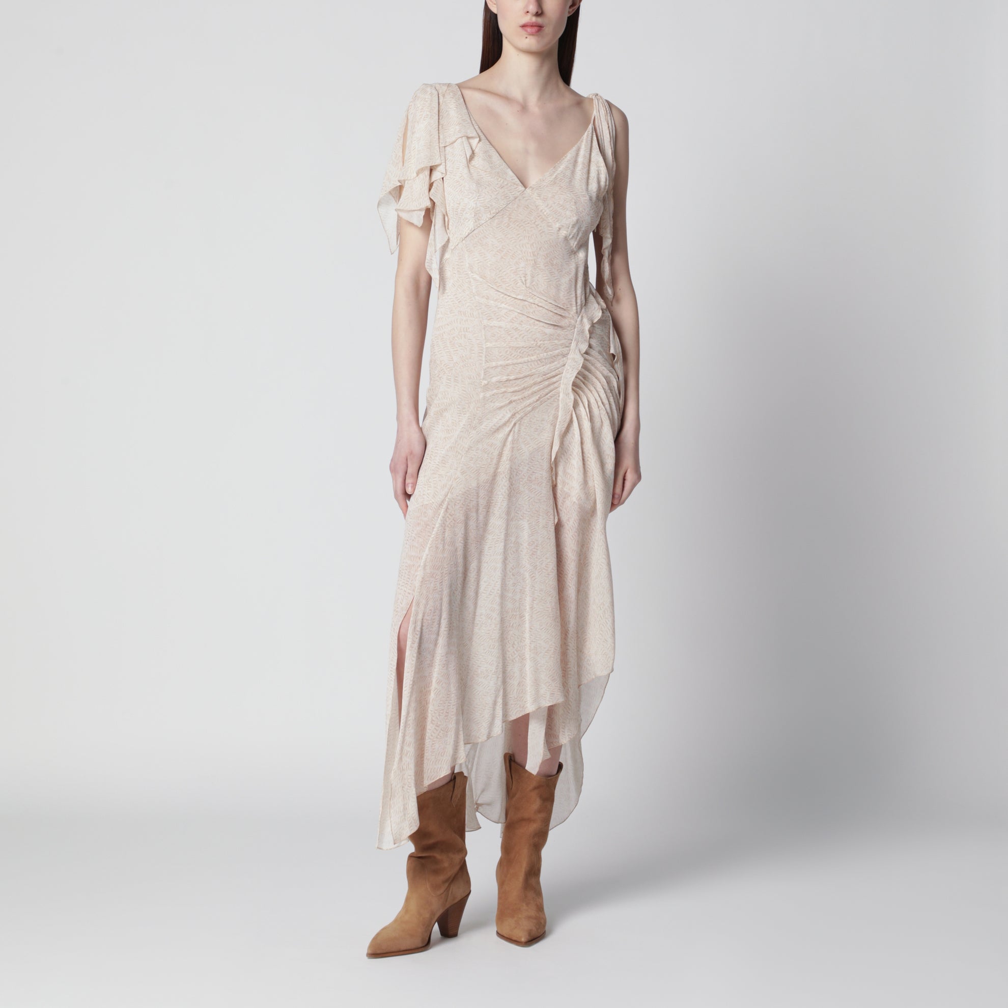 Tylena asymmetric printed silk georgette dress in ecru