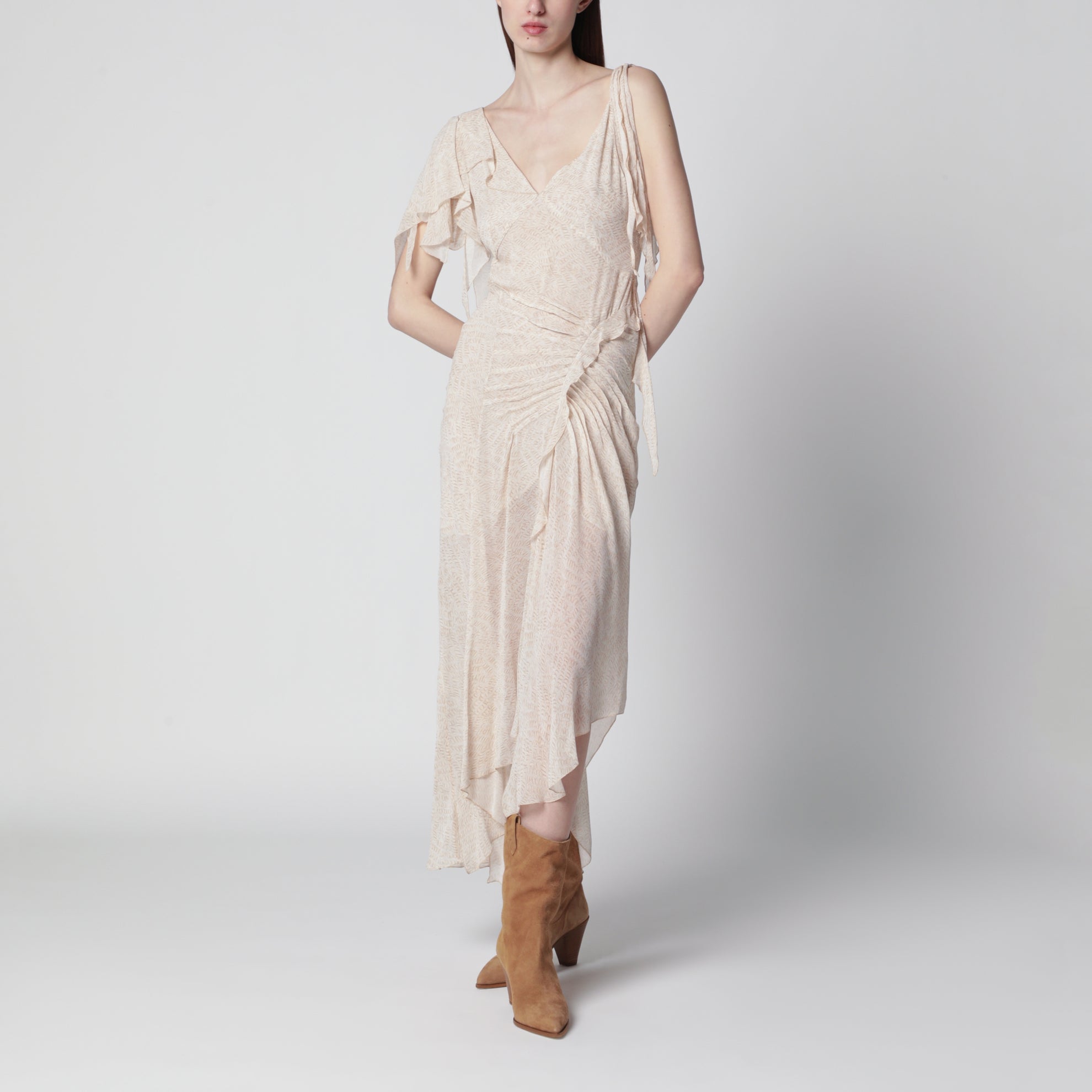 Tylena asymmetric printed silk georgette dress in ecru