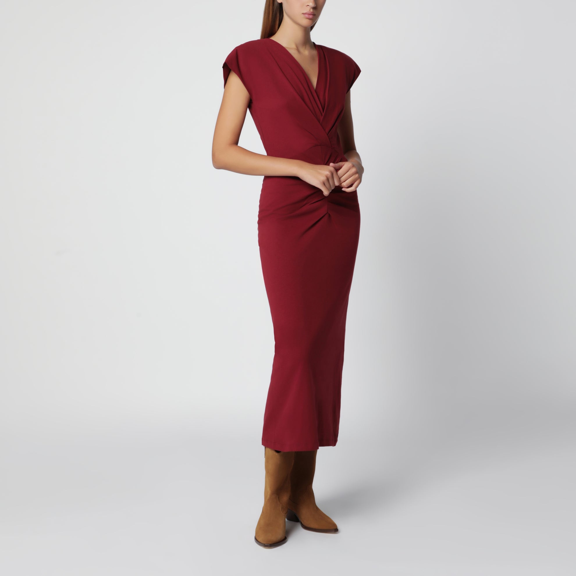 Nadra wrap dress in dark burgundy jersey