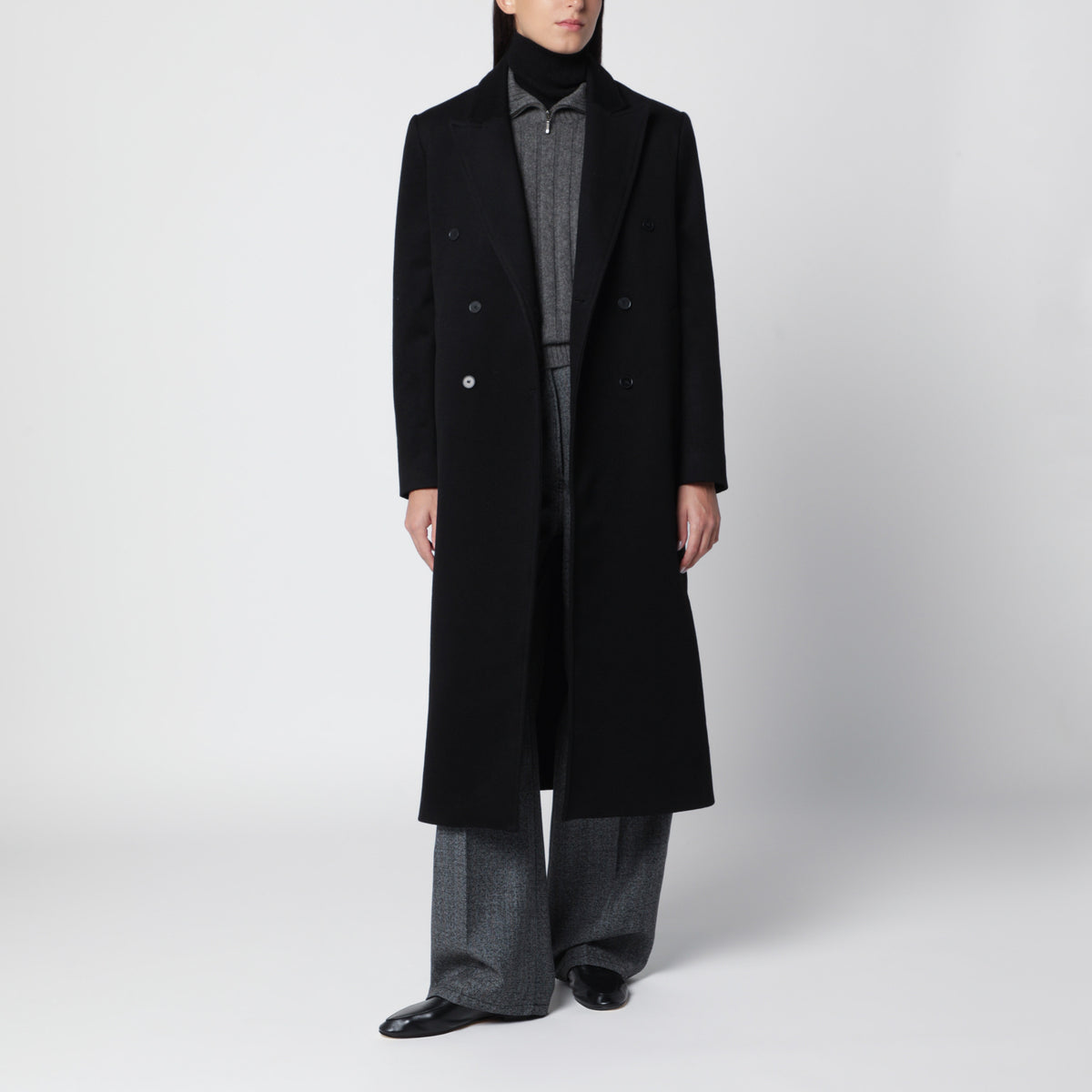 Cappotto lungo doppiopetto Rosco nero in lana e cashmere