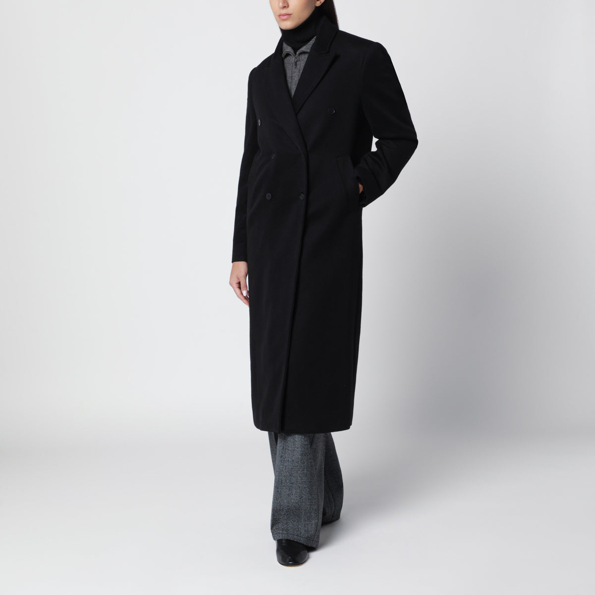 Cappotto lungo doppiopetto Rosco nero in lana e cashmere