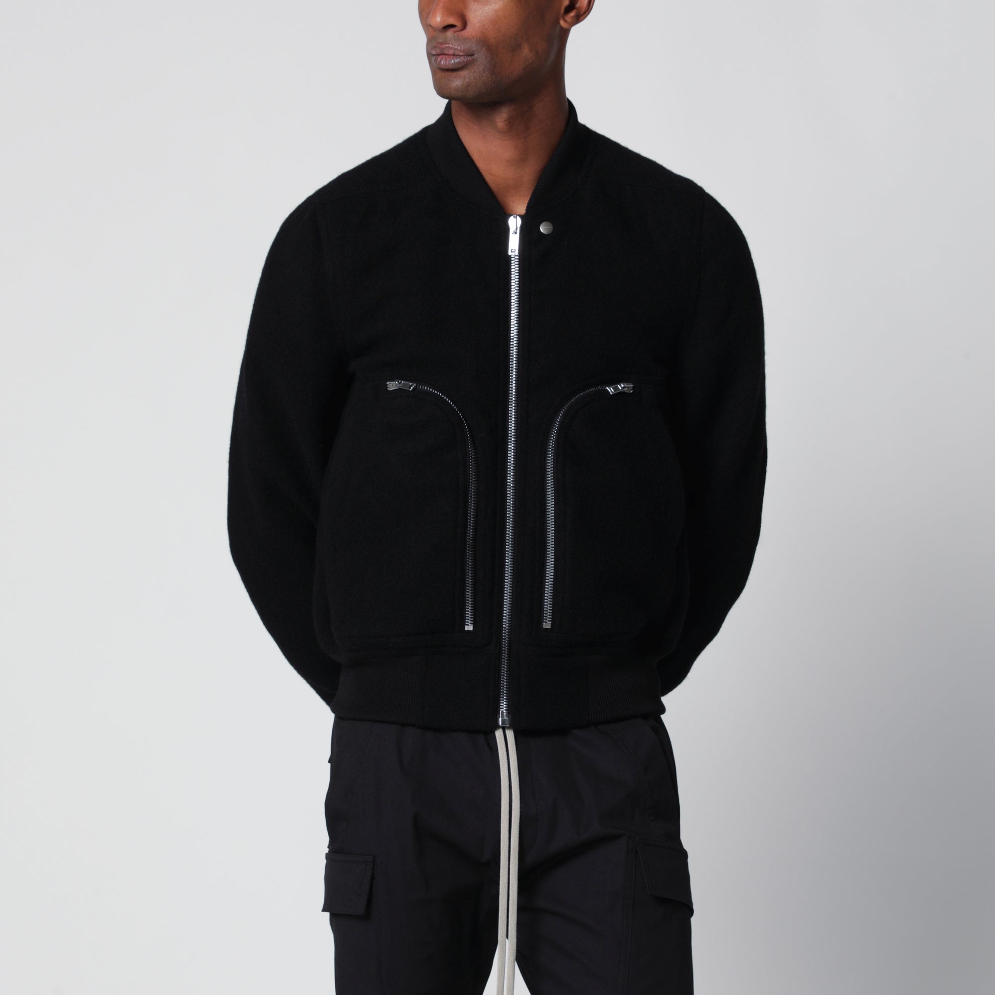 Black virgin wool bomber jacket with zip