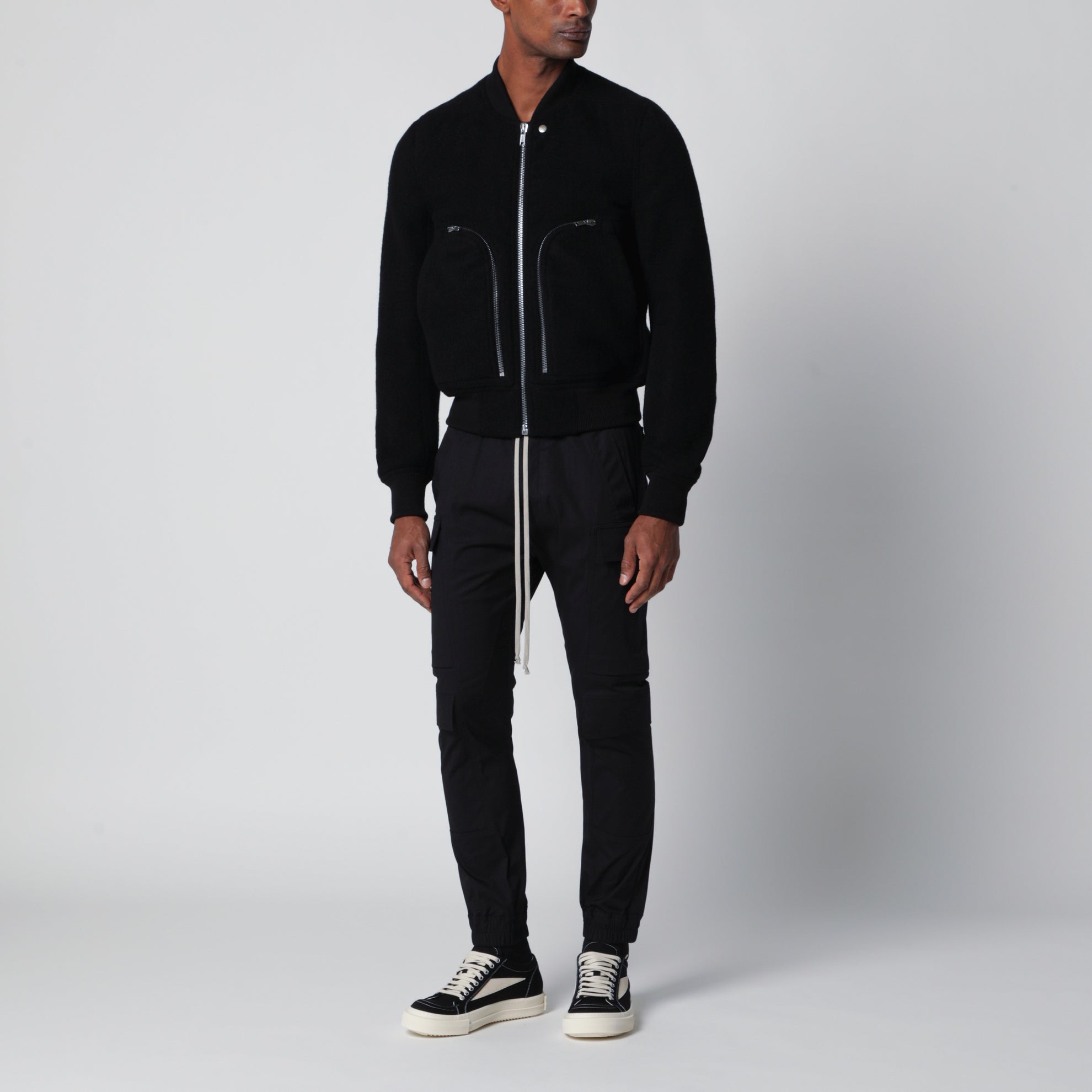 Black virgin wool bomber jacket with zip
