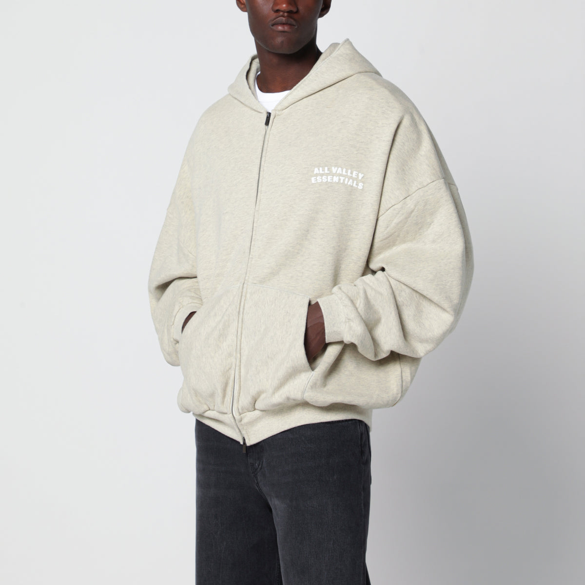 Beige meliertes 90's Kapuzen-Sweatshirt mit Reißverschluss