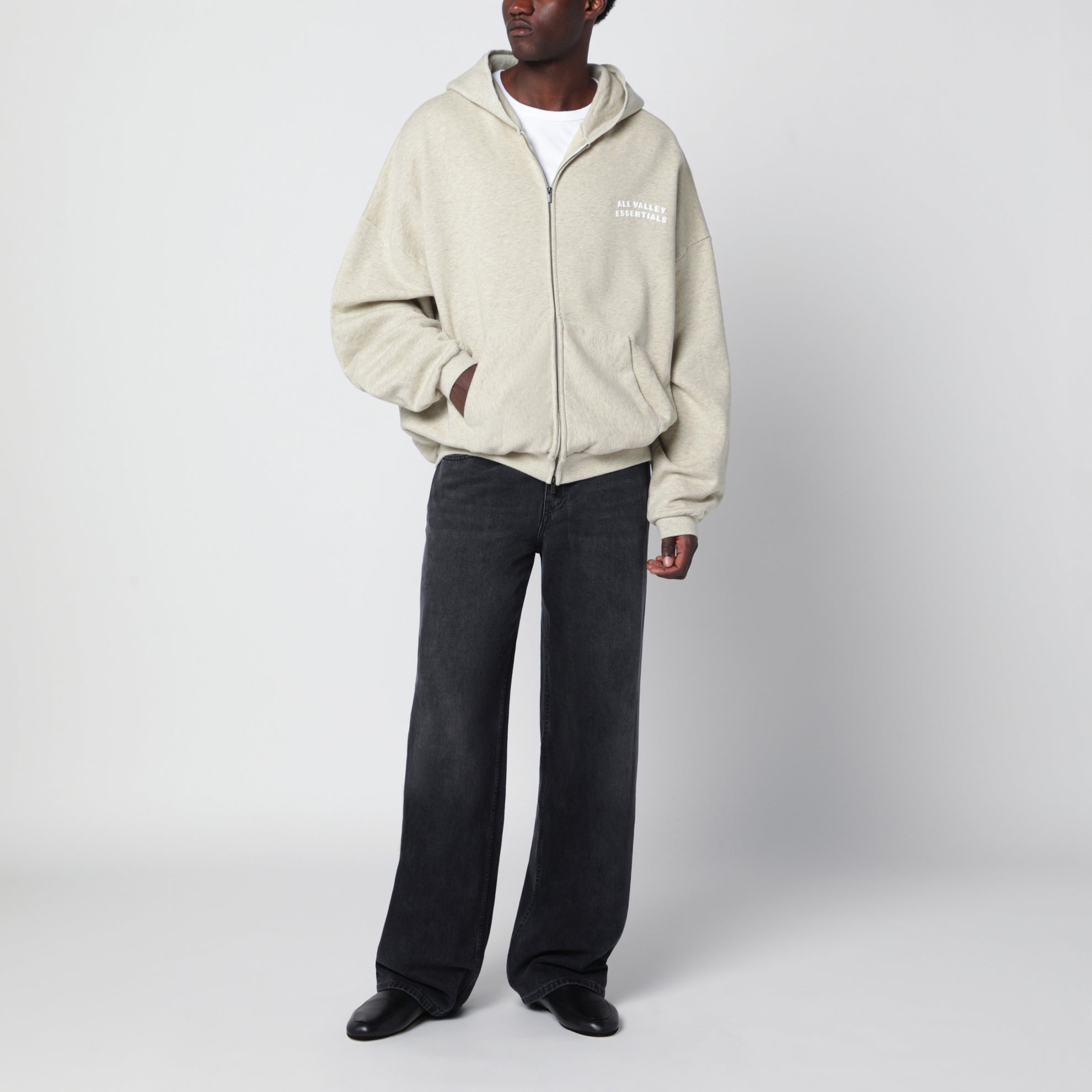 Beige meliertes 90's Kapuzen-Sweatshirt mit Reißverschluss