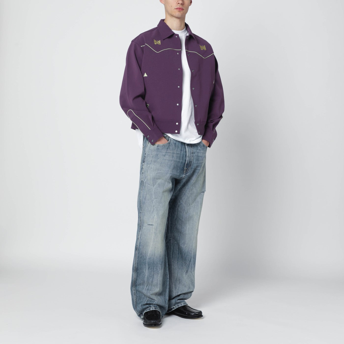 Purple shirt with yellow embroidery