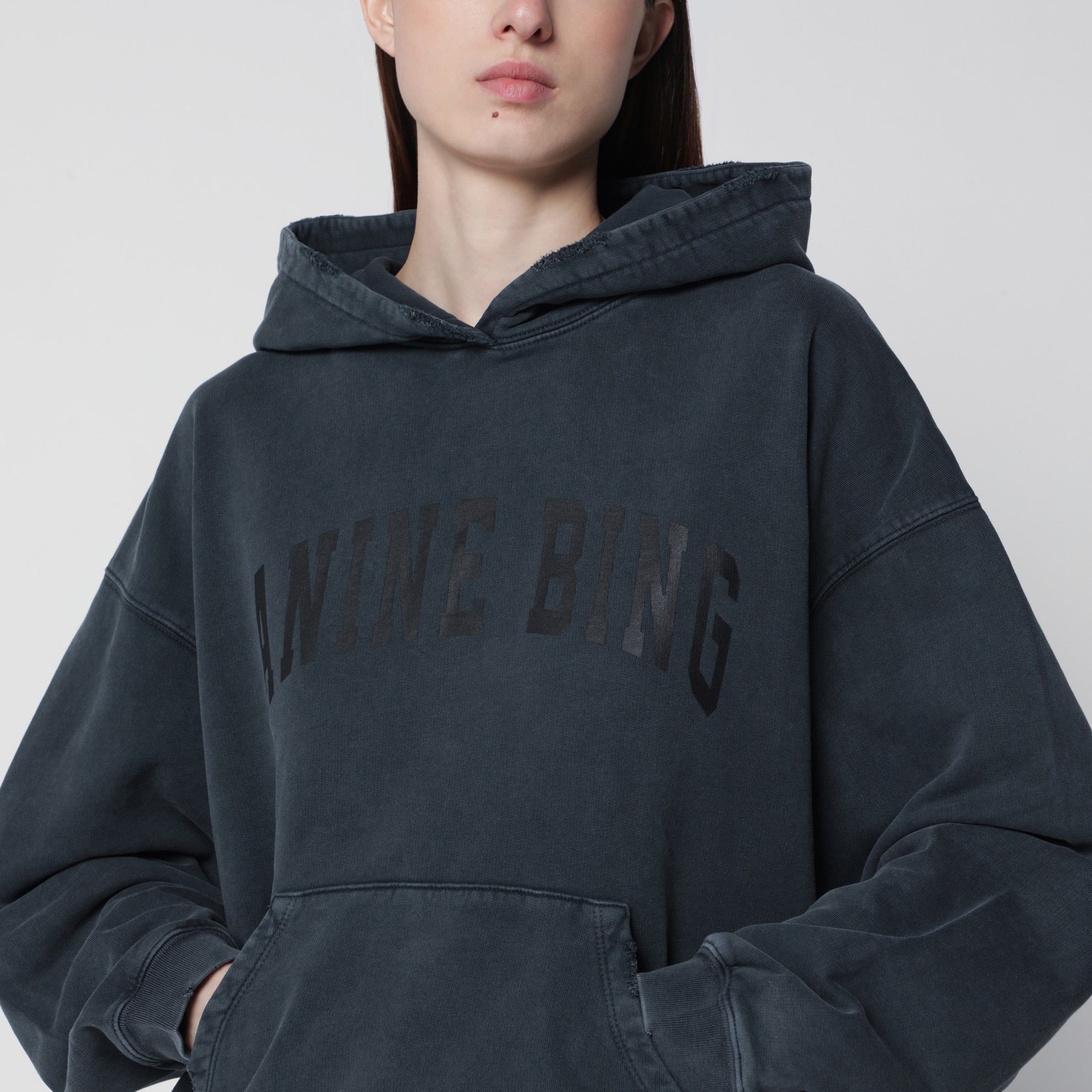 Black washed hoodie with distressing
