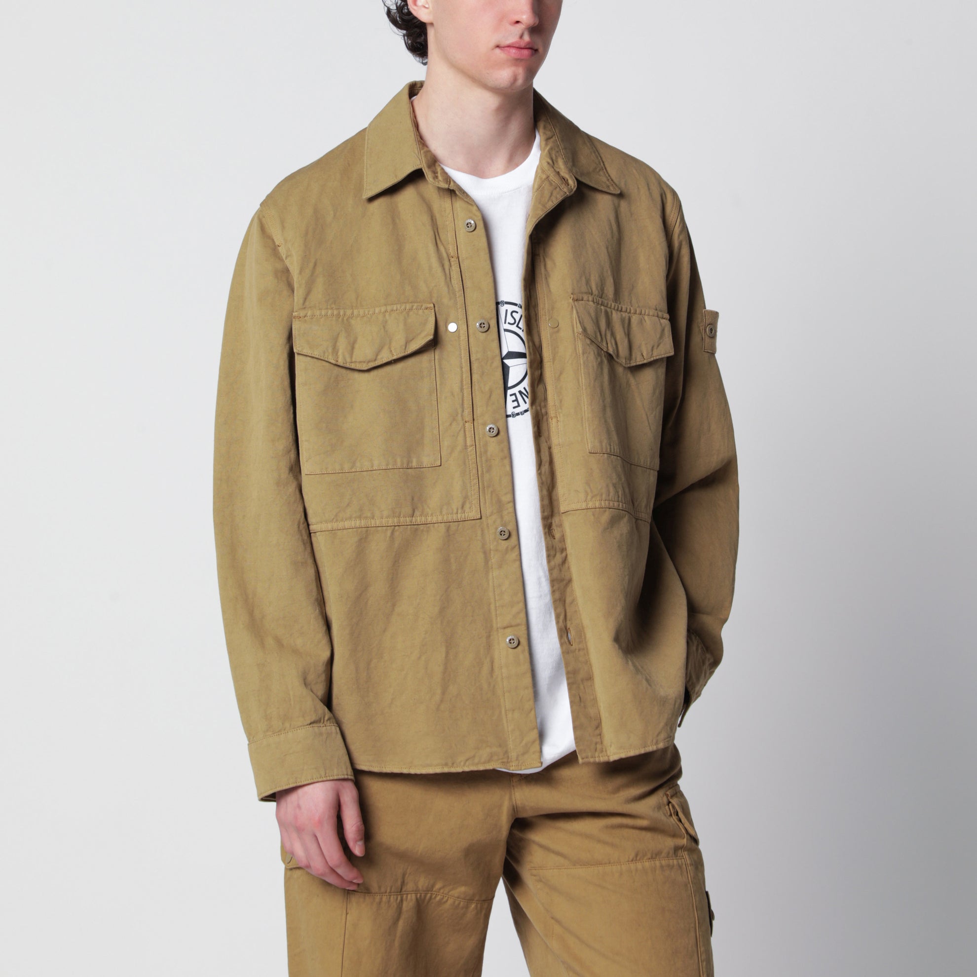 Overshirt Ghost regular in cotone e lino beige