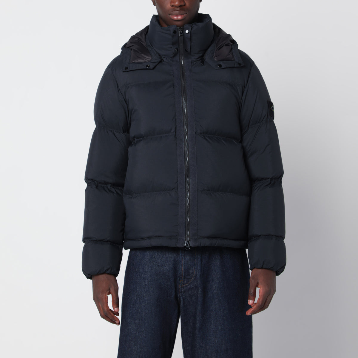 Doudoune zippée bleu marine en nylon ripstop