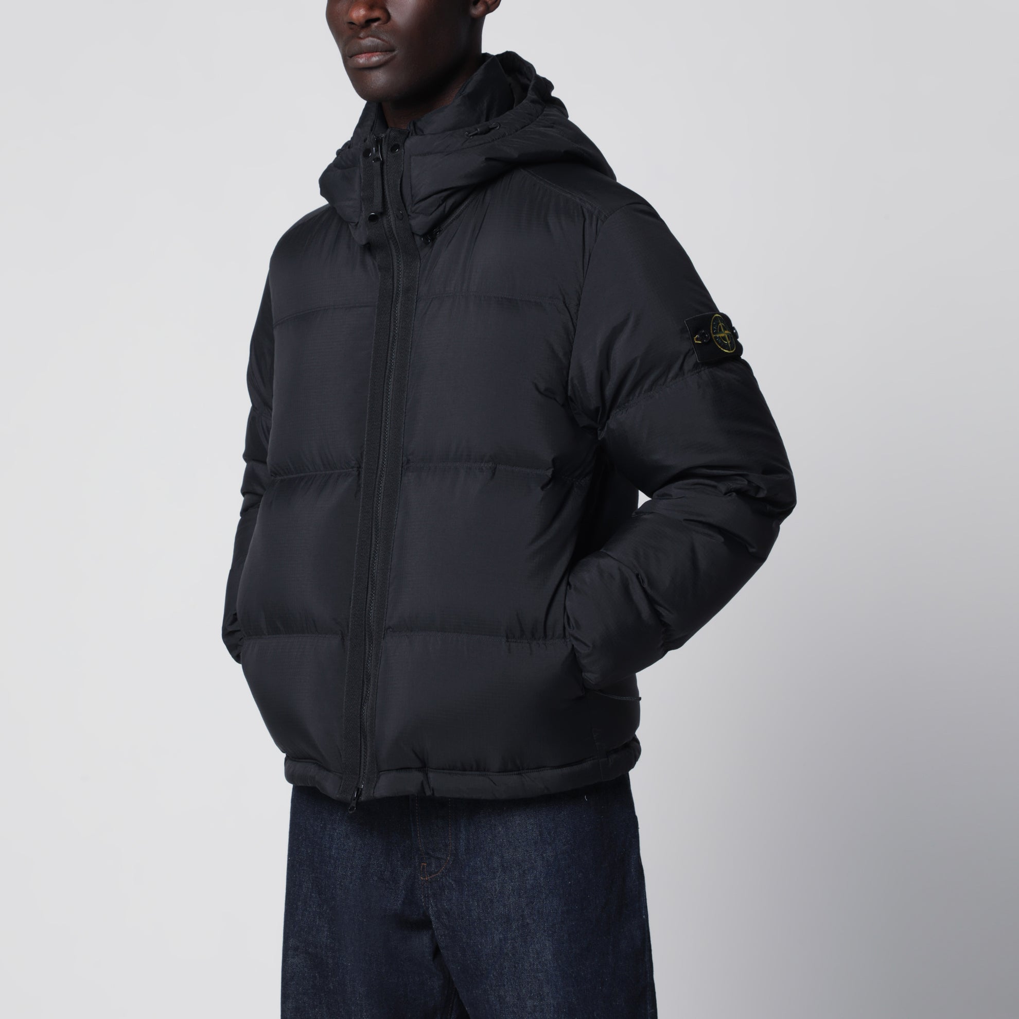 Black ripstop nylon zip-up down jacket