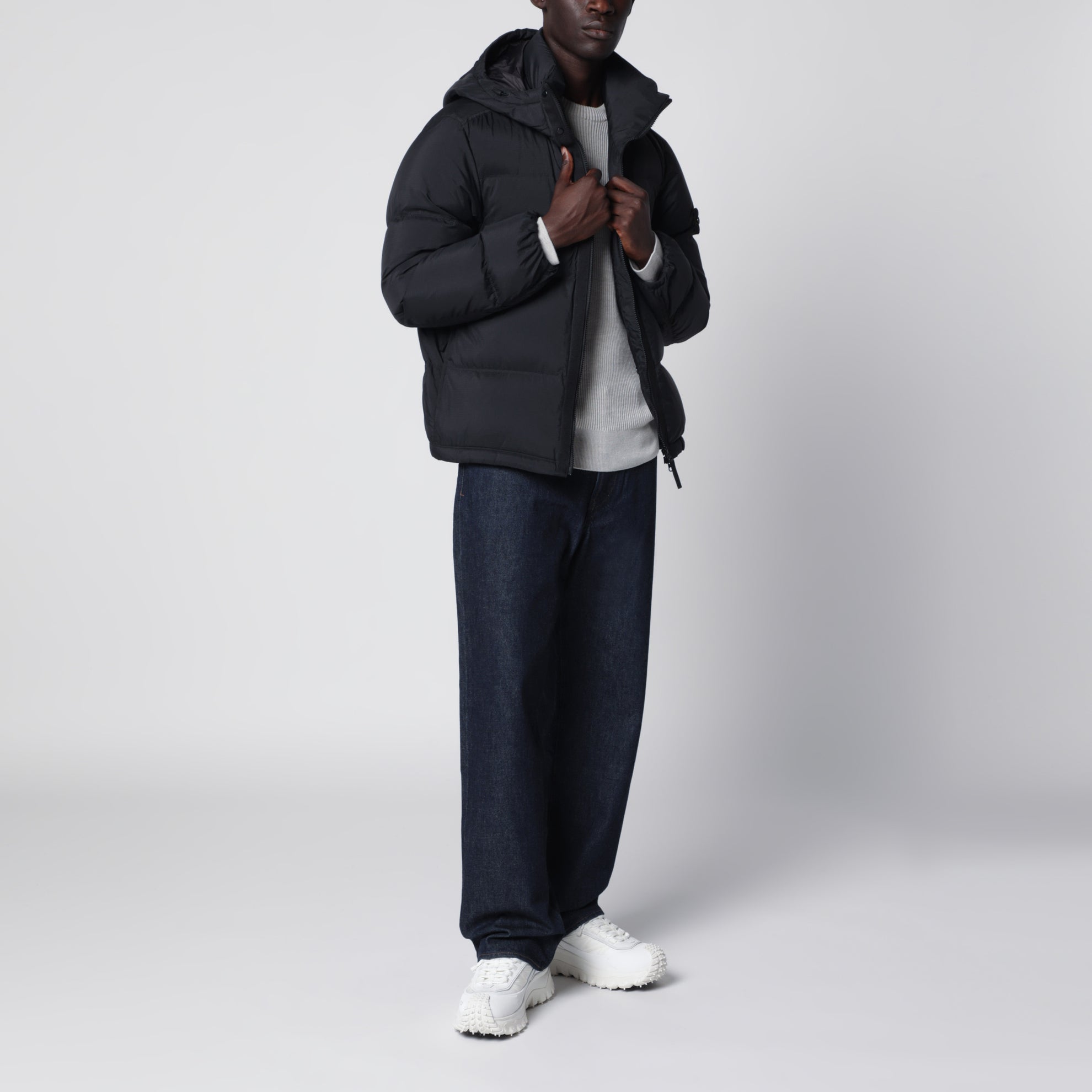 Black ripstop nylon zip-up down jacket