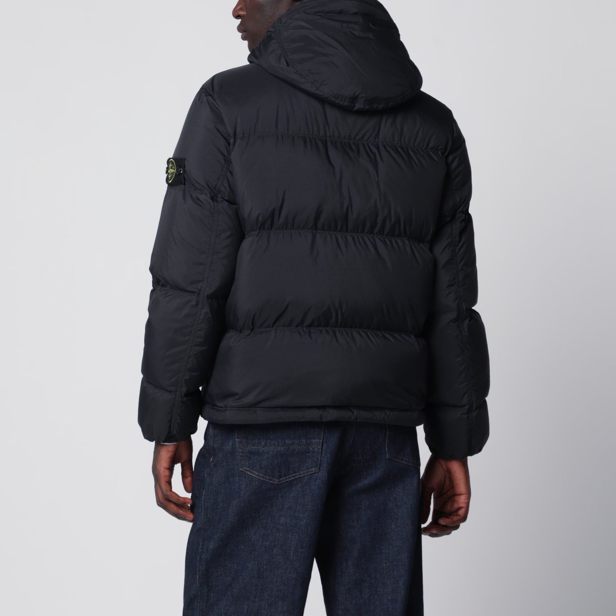 Black ripstop nylon zip-up down jacket