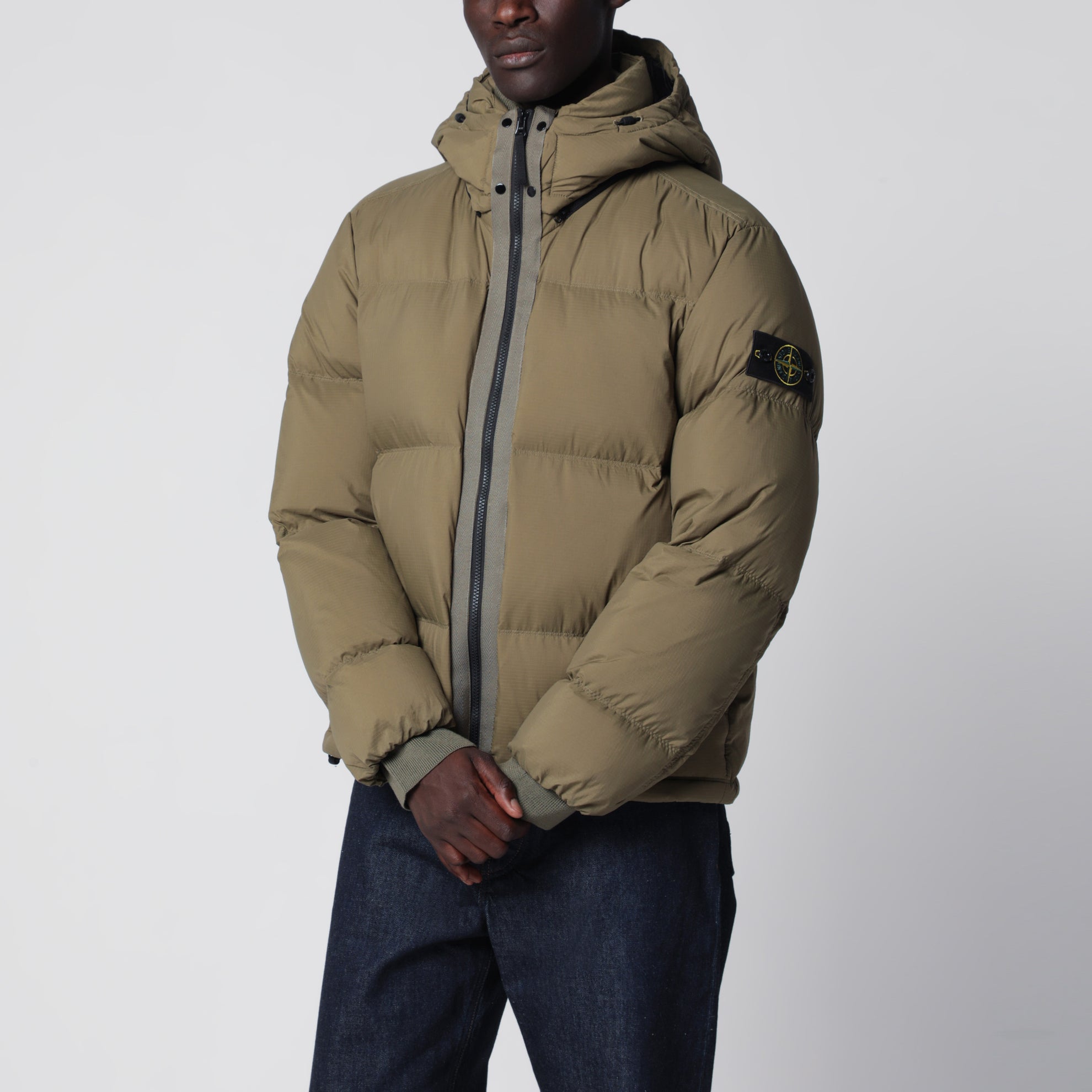 Military green ripstop nylon zip-up down jacket