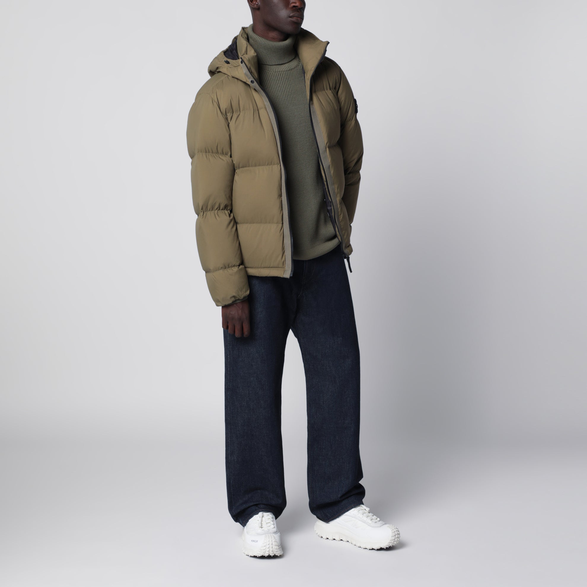 Military green ripstop nylon zip-up down jacket