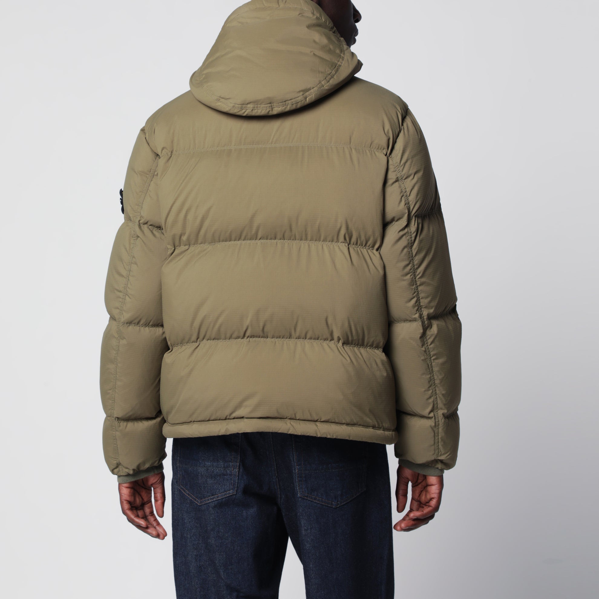 Military green ripstop nylon zip-up down jacket