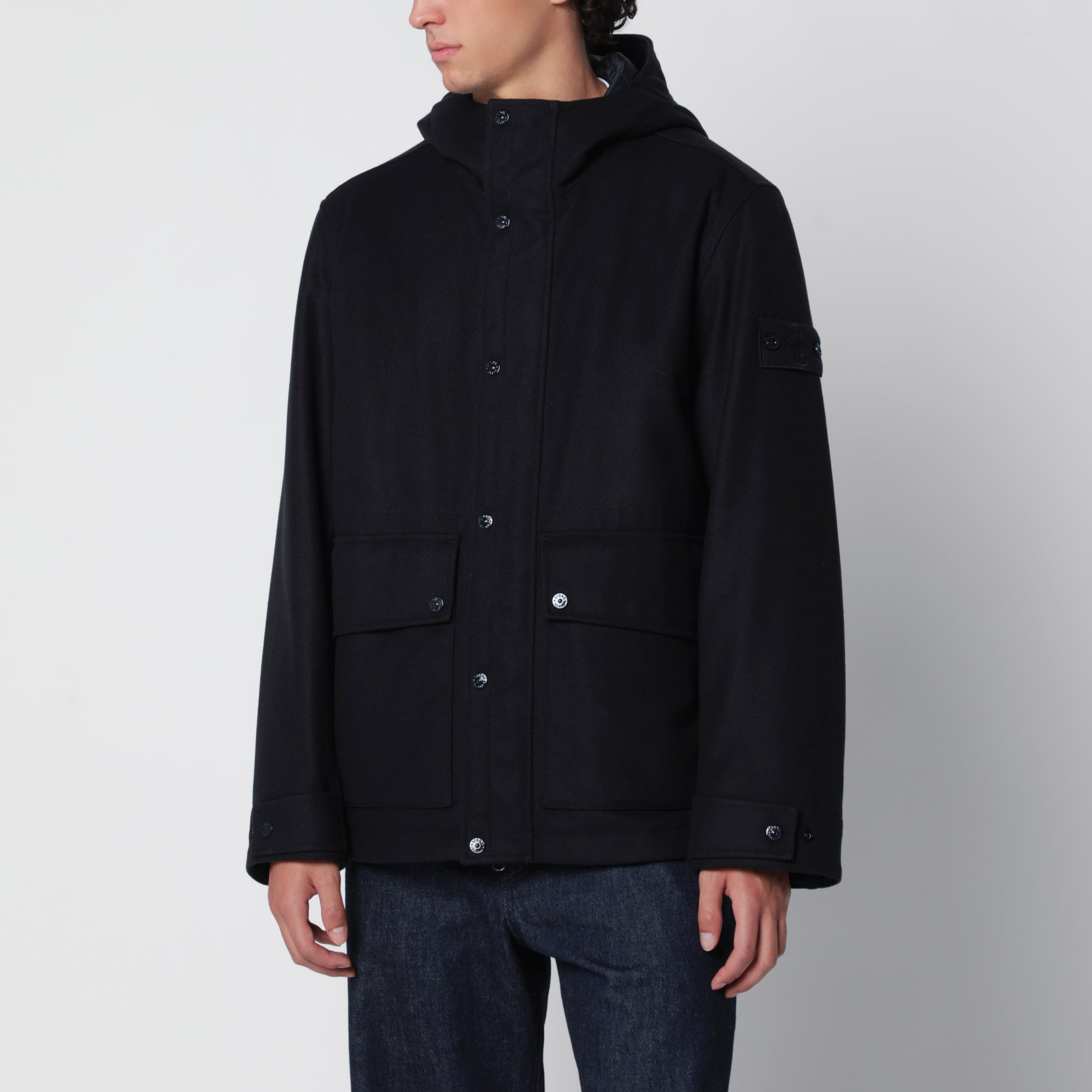 Veste à capuche bleu marine en mélange de laine