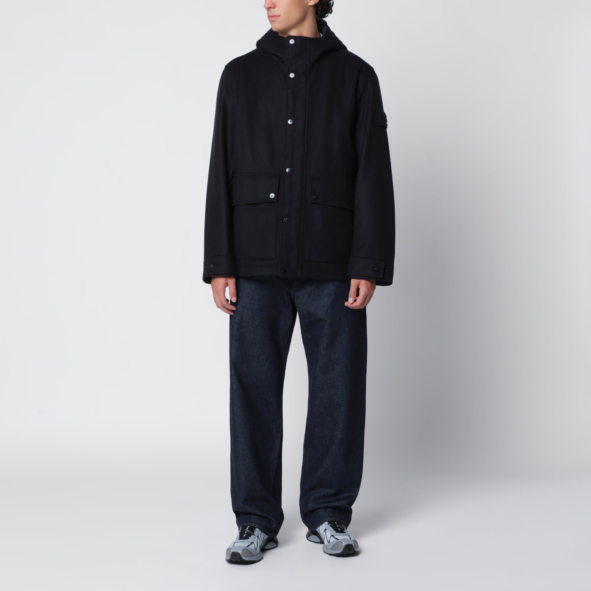 Veste à capuche bleu marine en mélange de laine