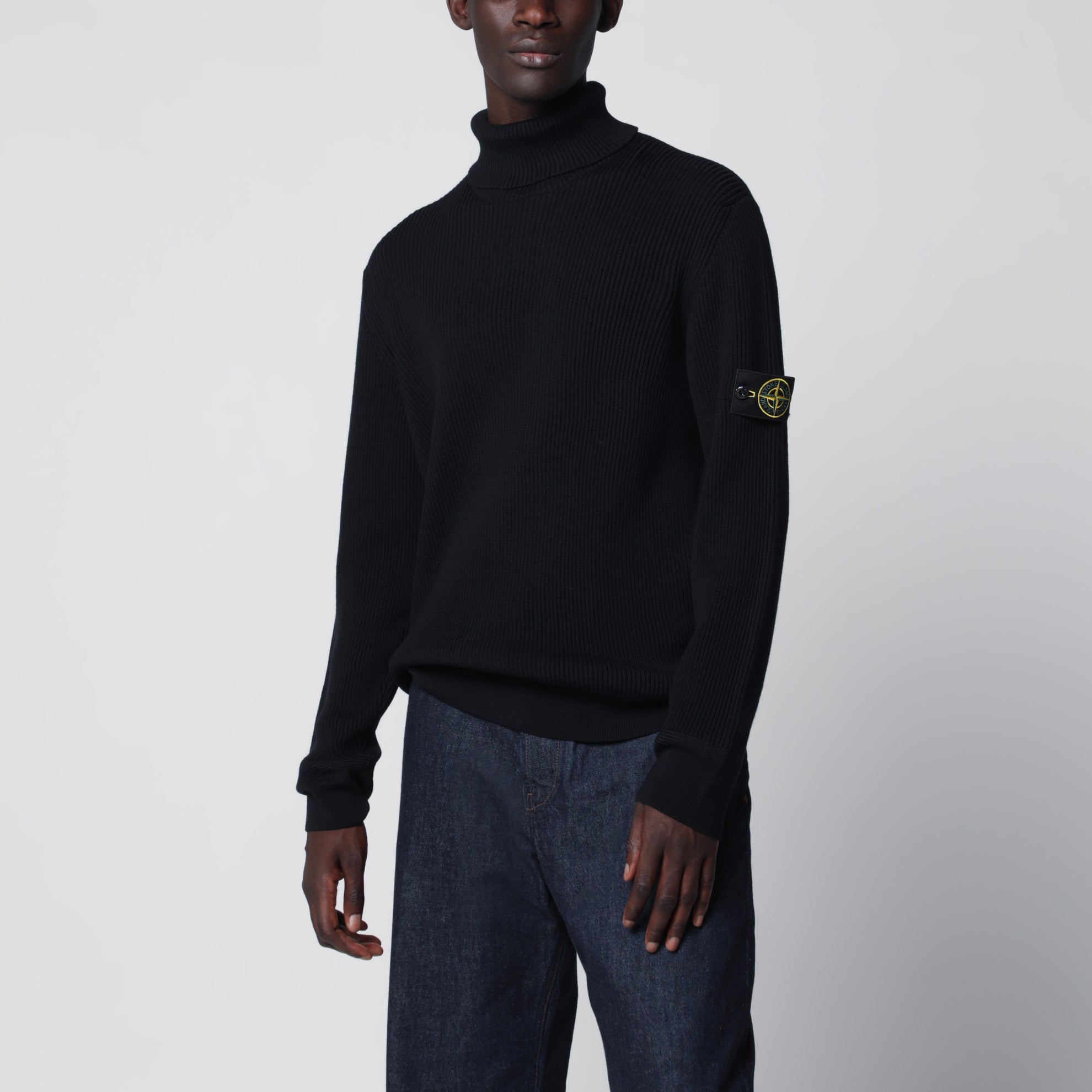 Navy blue ribbed turtleneck sweater