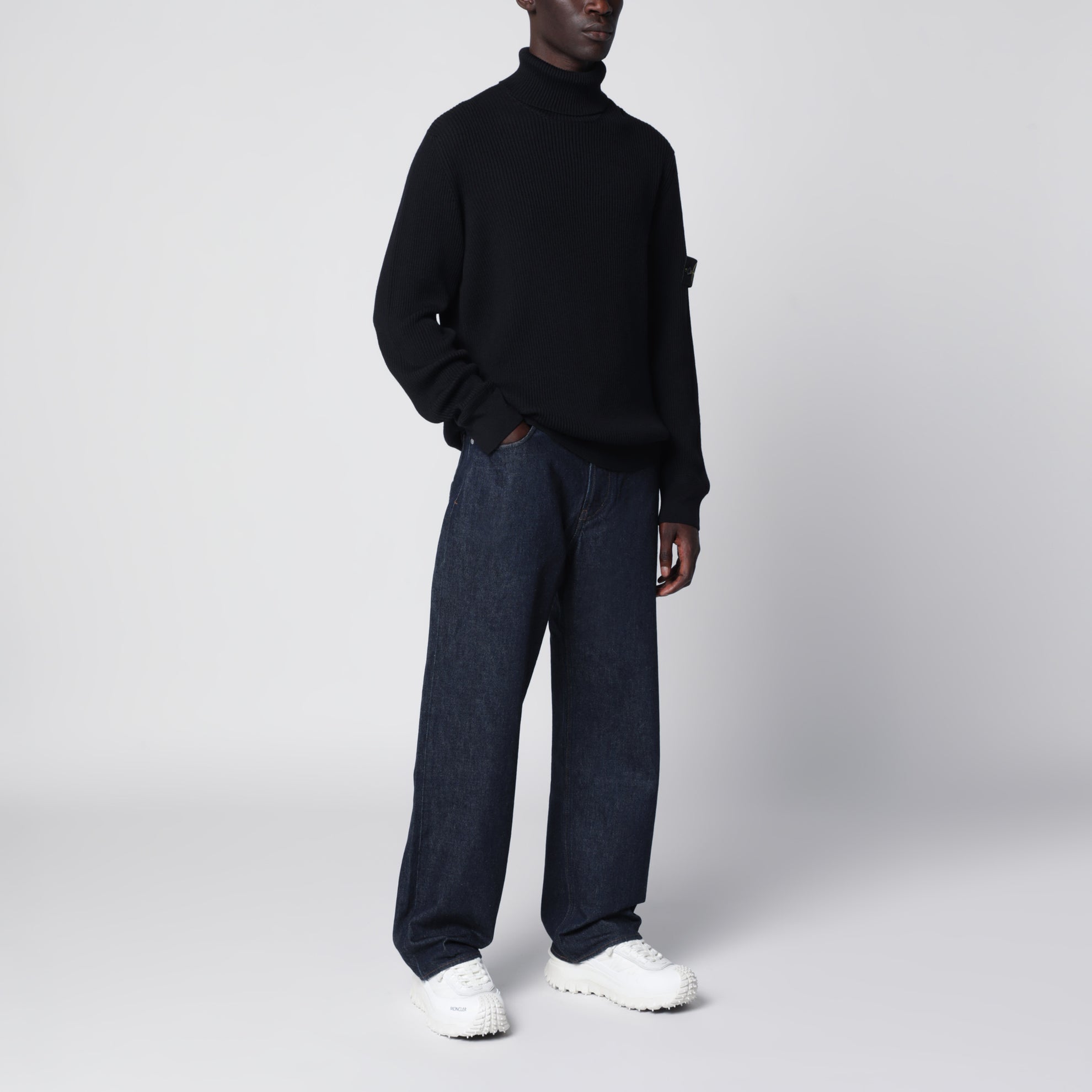 Navy blue ribbed turtleneck sweater