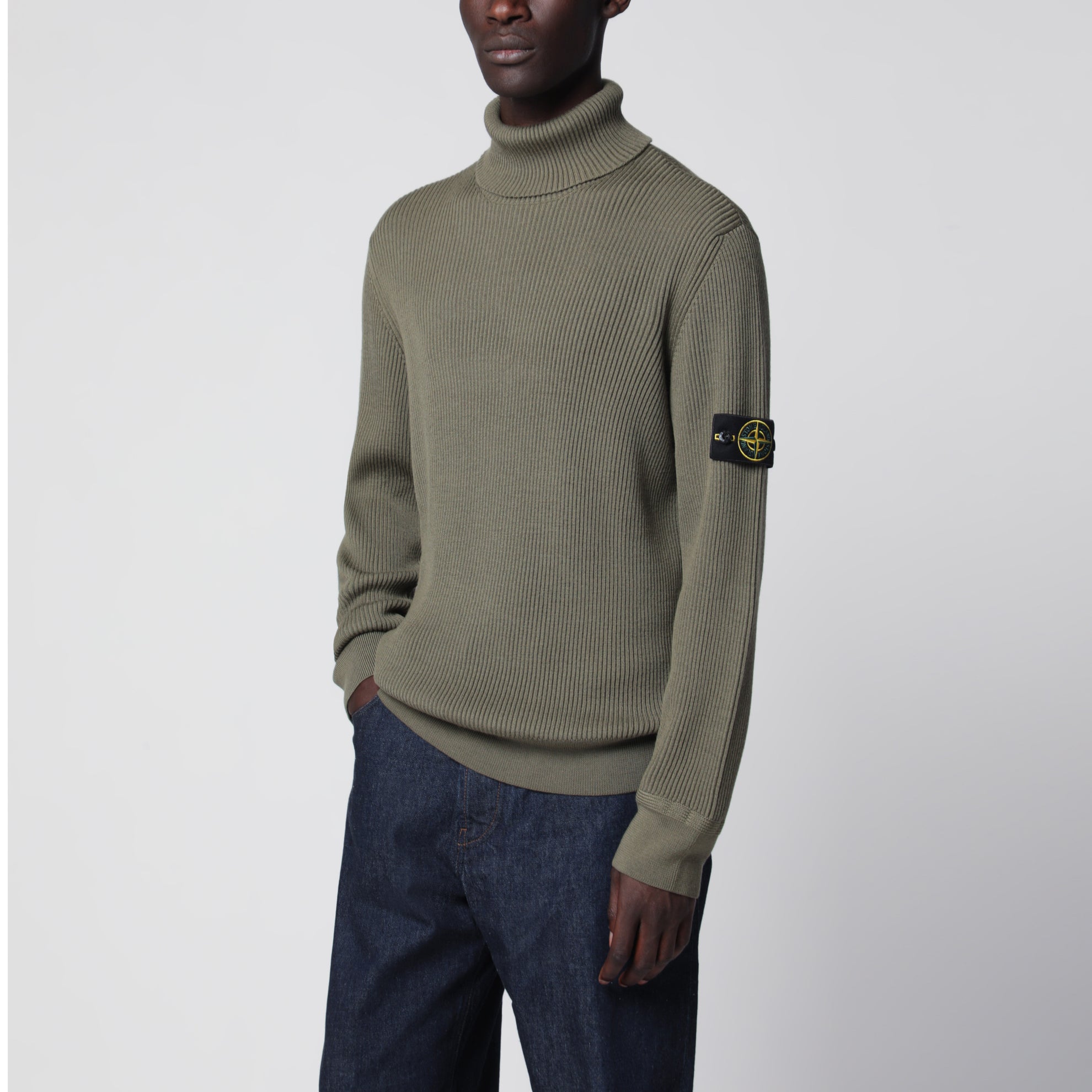 Military green ribbed turtleneck sweater