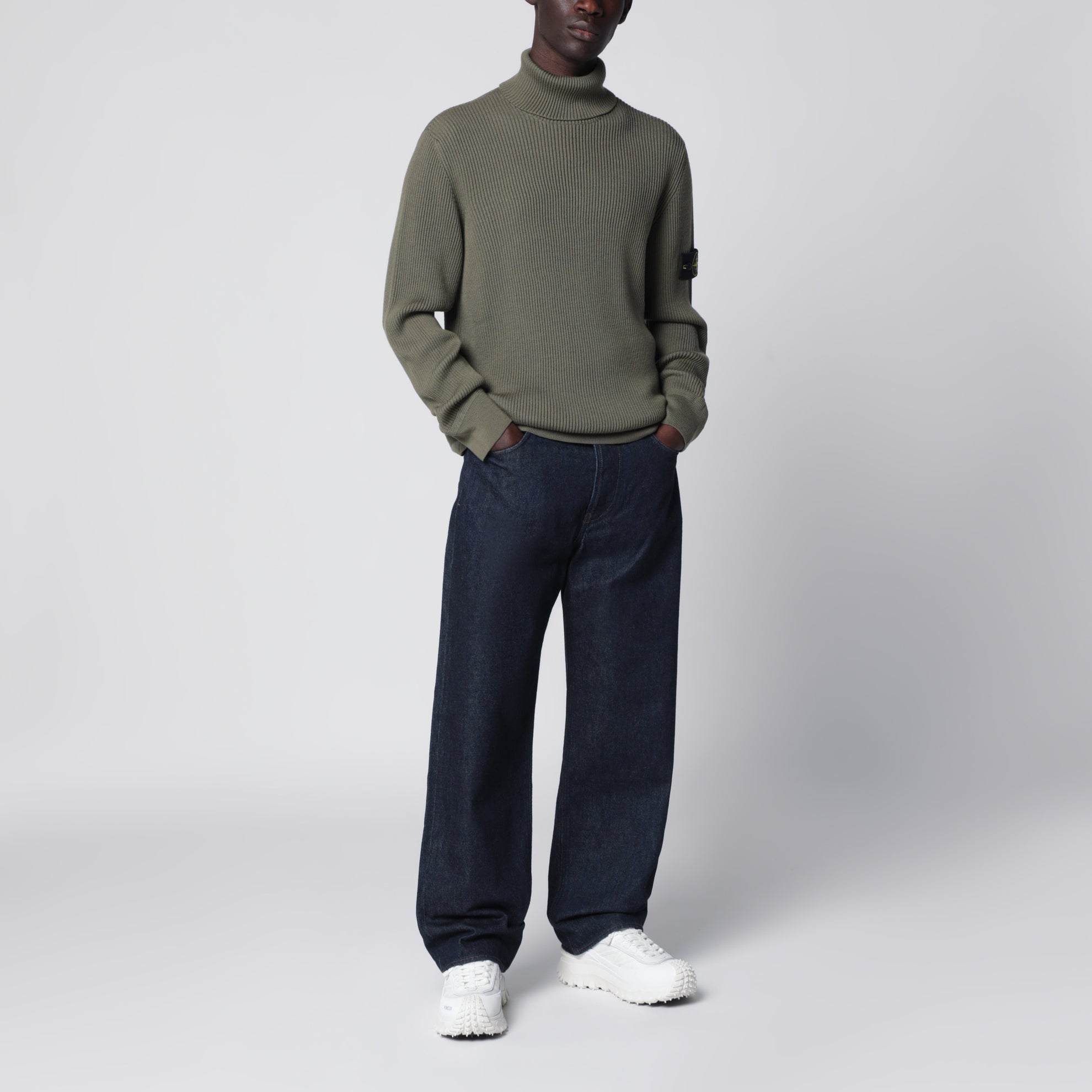 Military green ribbed turtleneck sweater