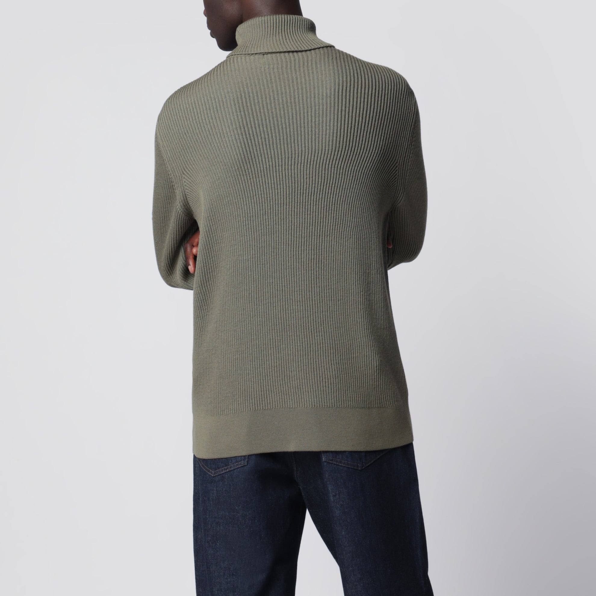 Military green ribbed turtleneck sweater
