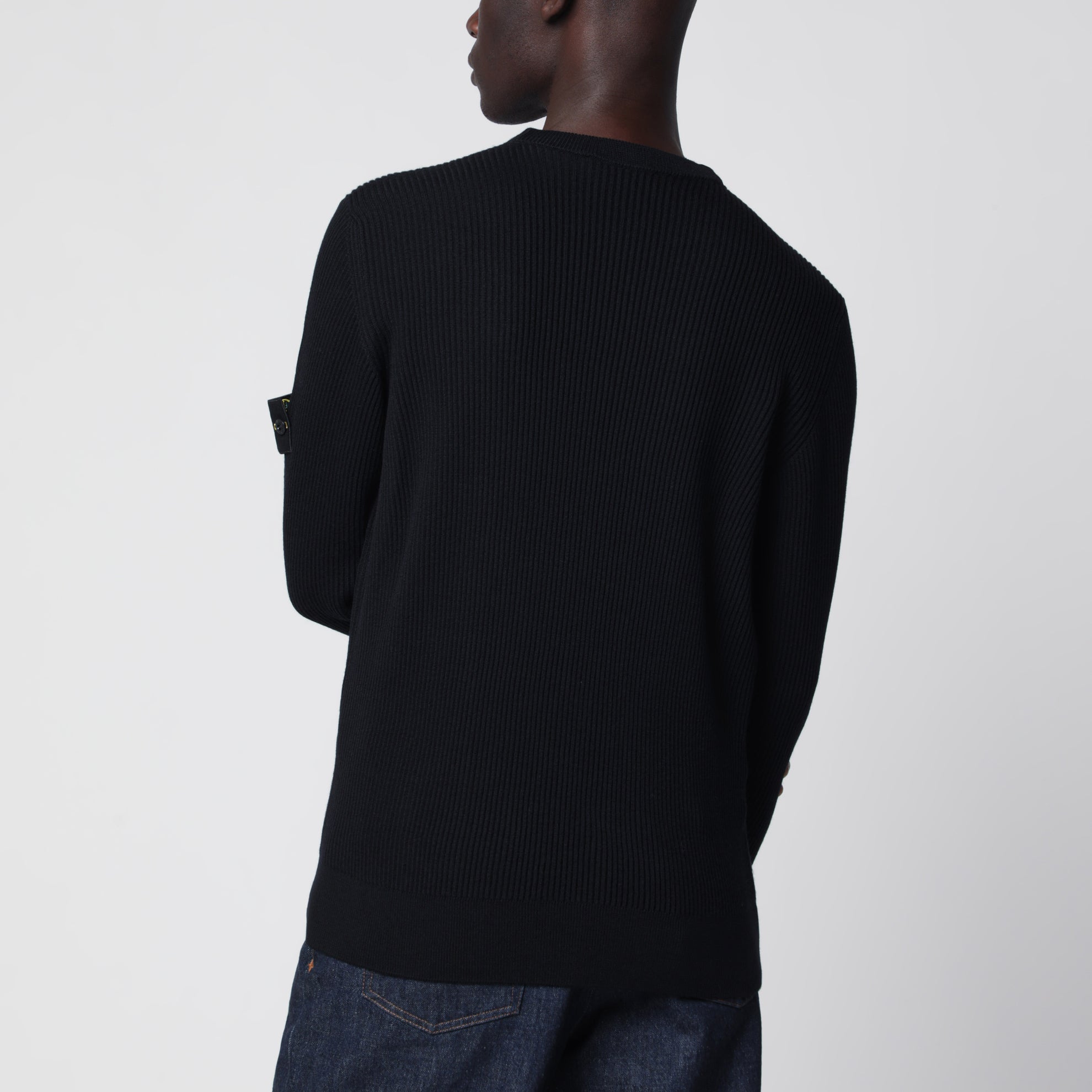 Navy blue ribbed crew-neck sweater