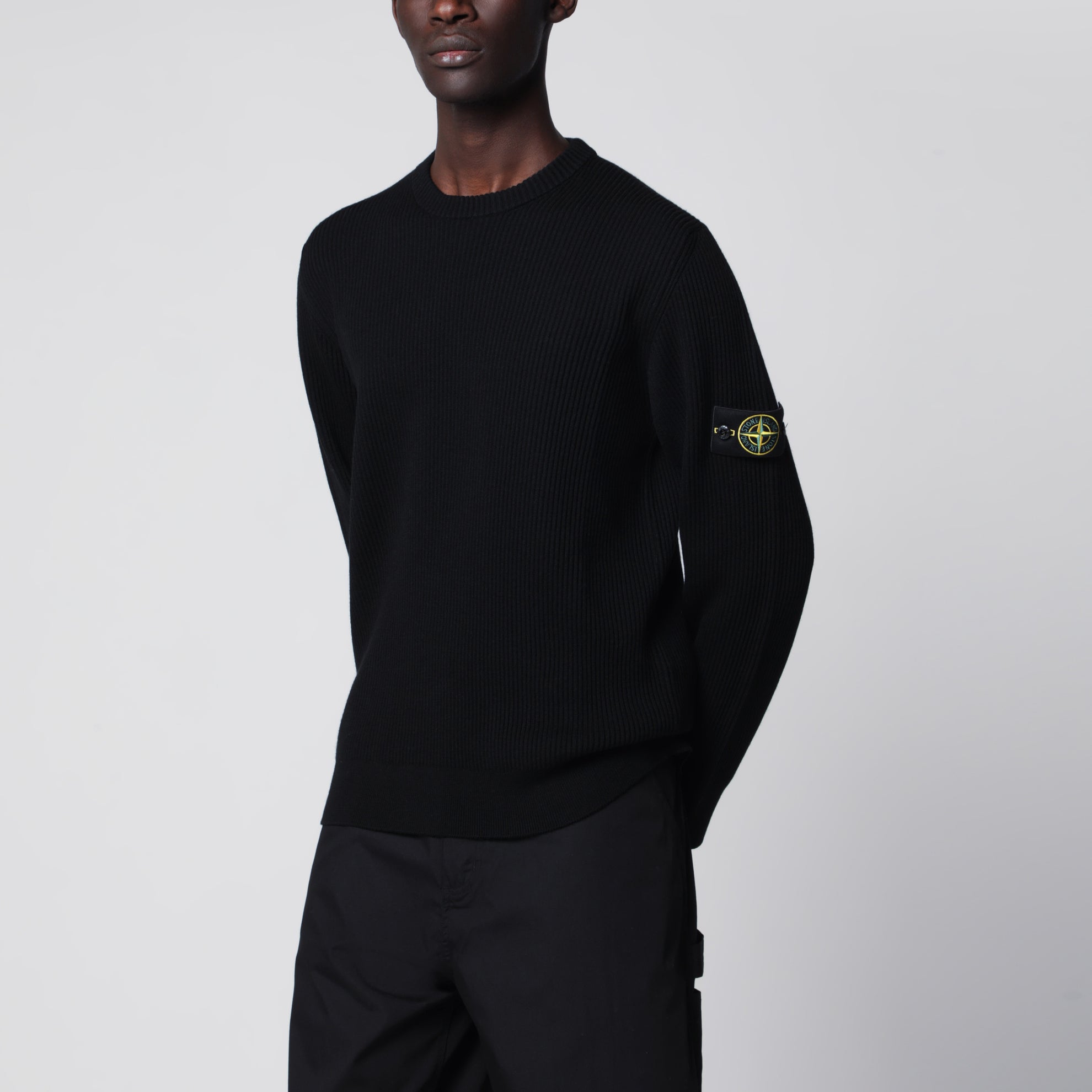 Black ribbed crew-neck sweater