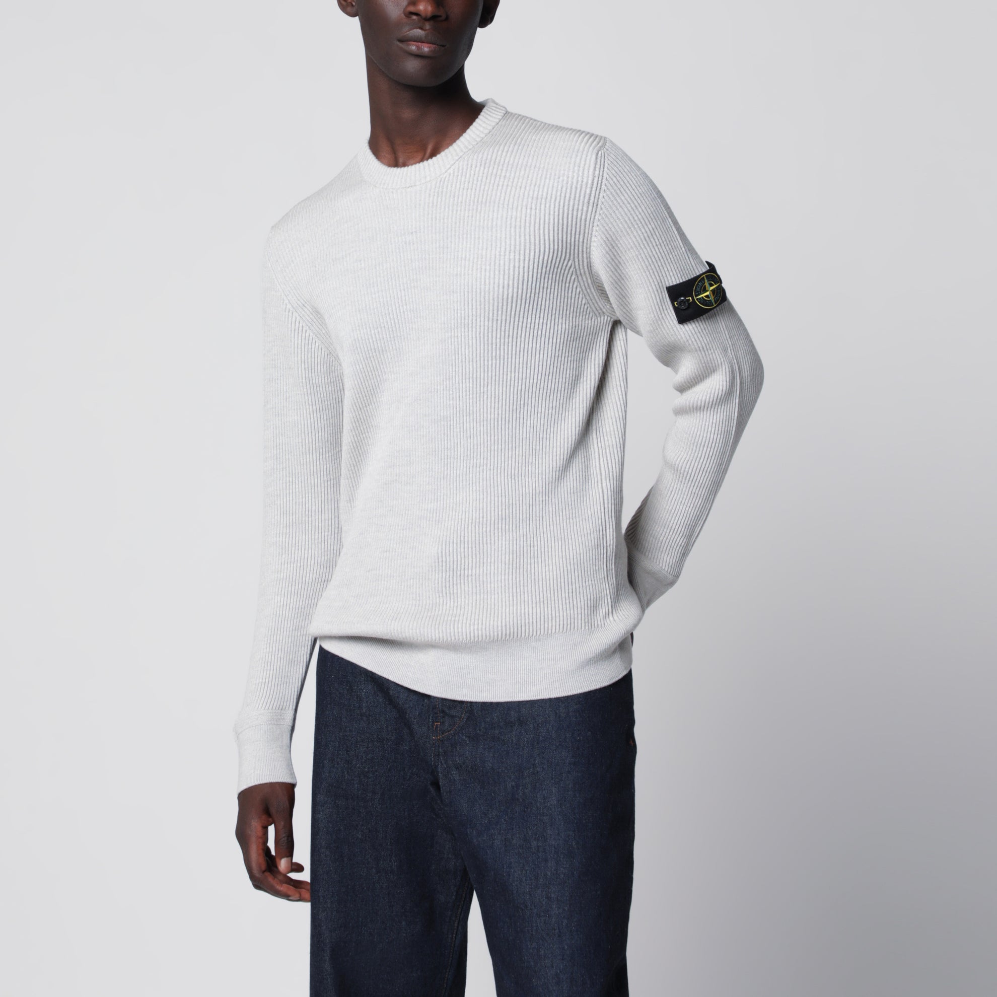 Sand ribbed crew-neck sweater