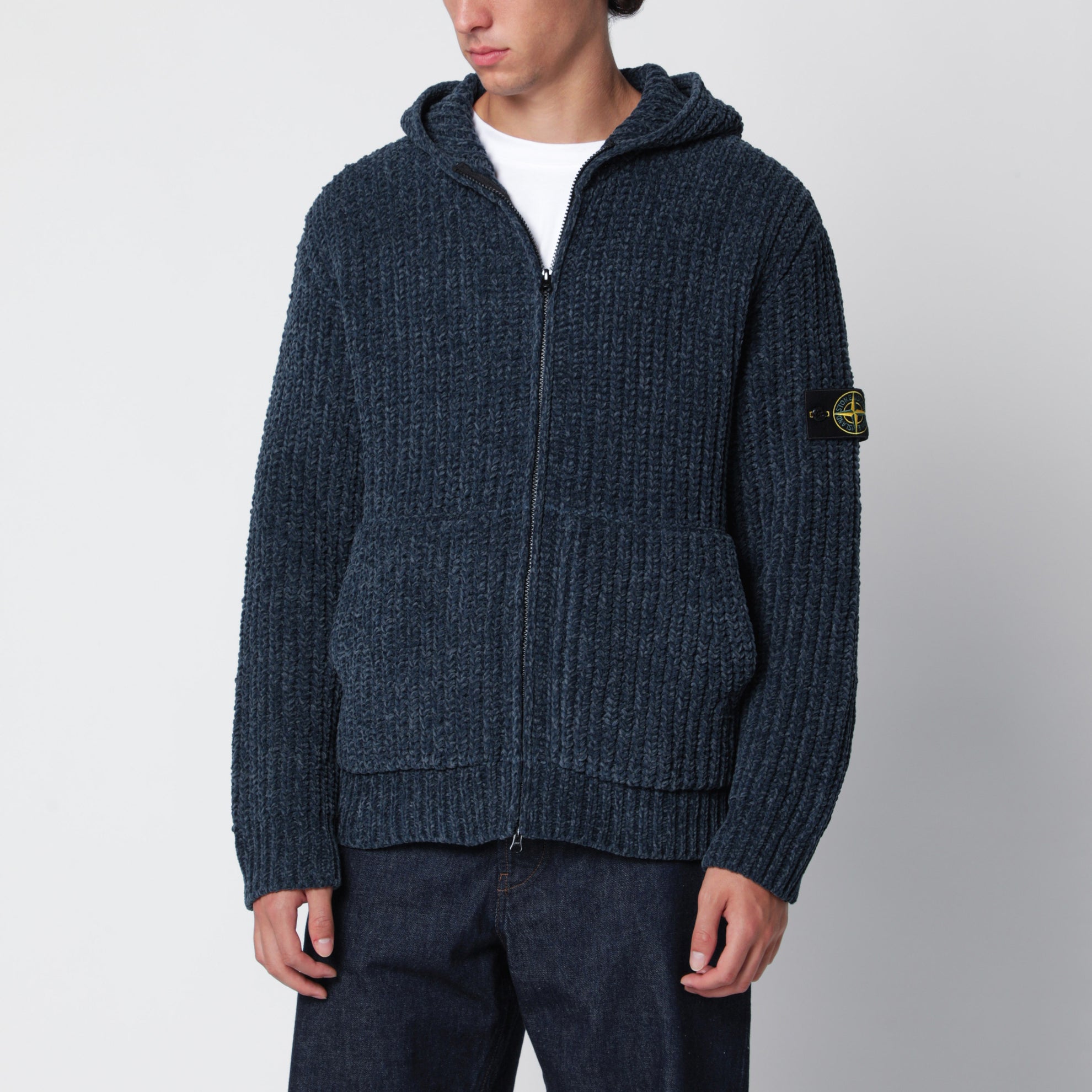 Sweat à capuche zippé bleu acier en chenille