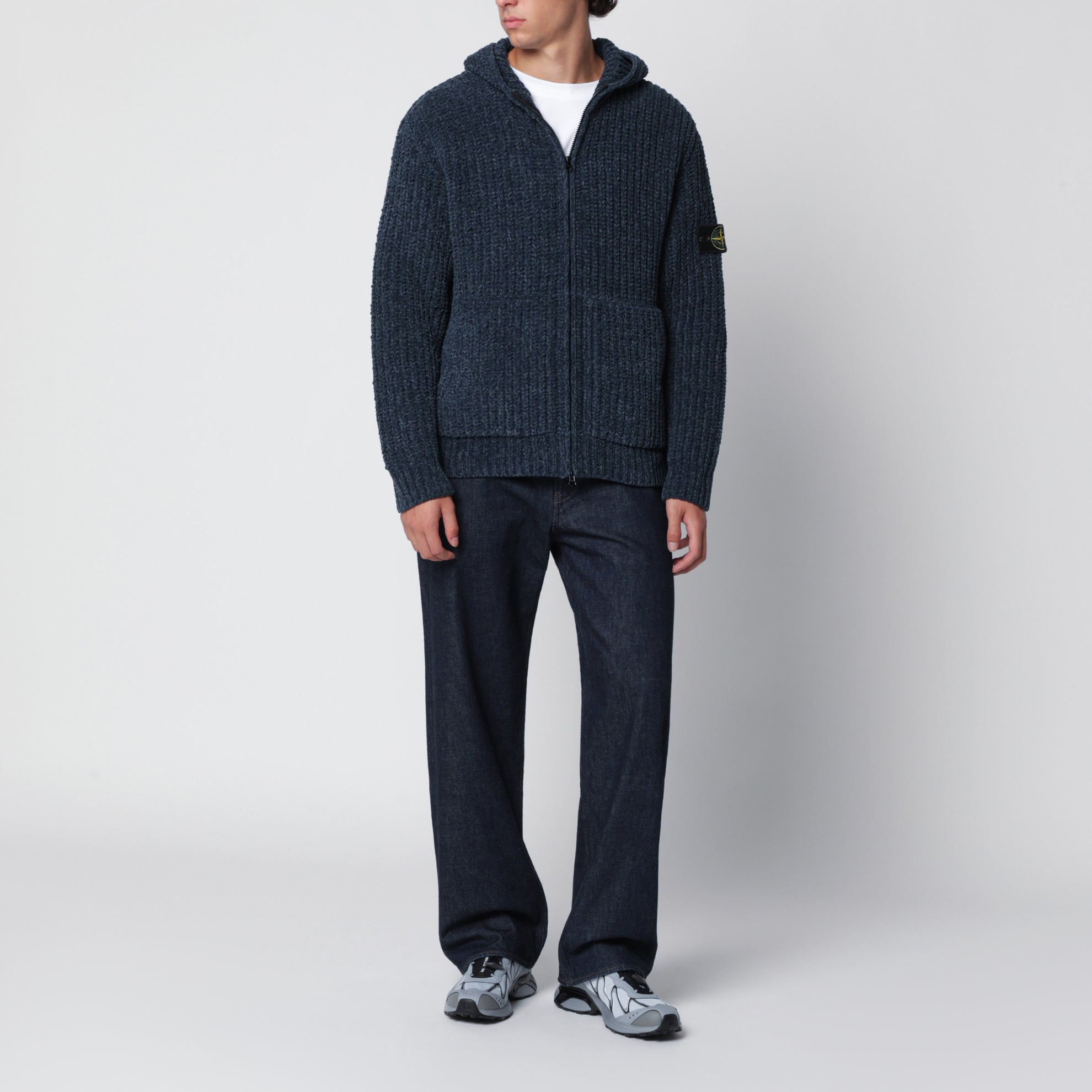 Sweat à capuche zippé bleu acier en chenille