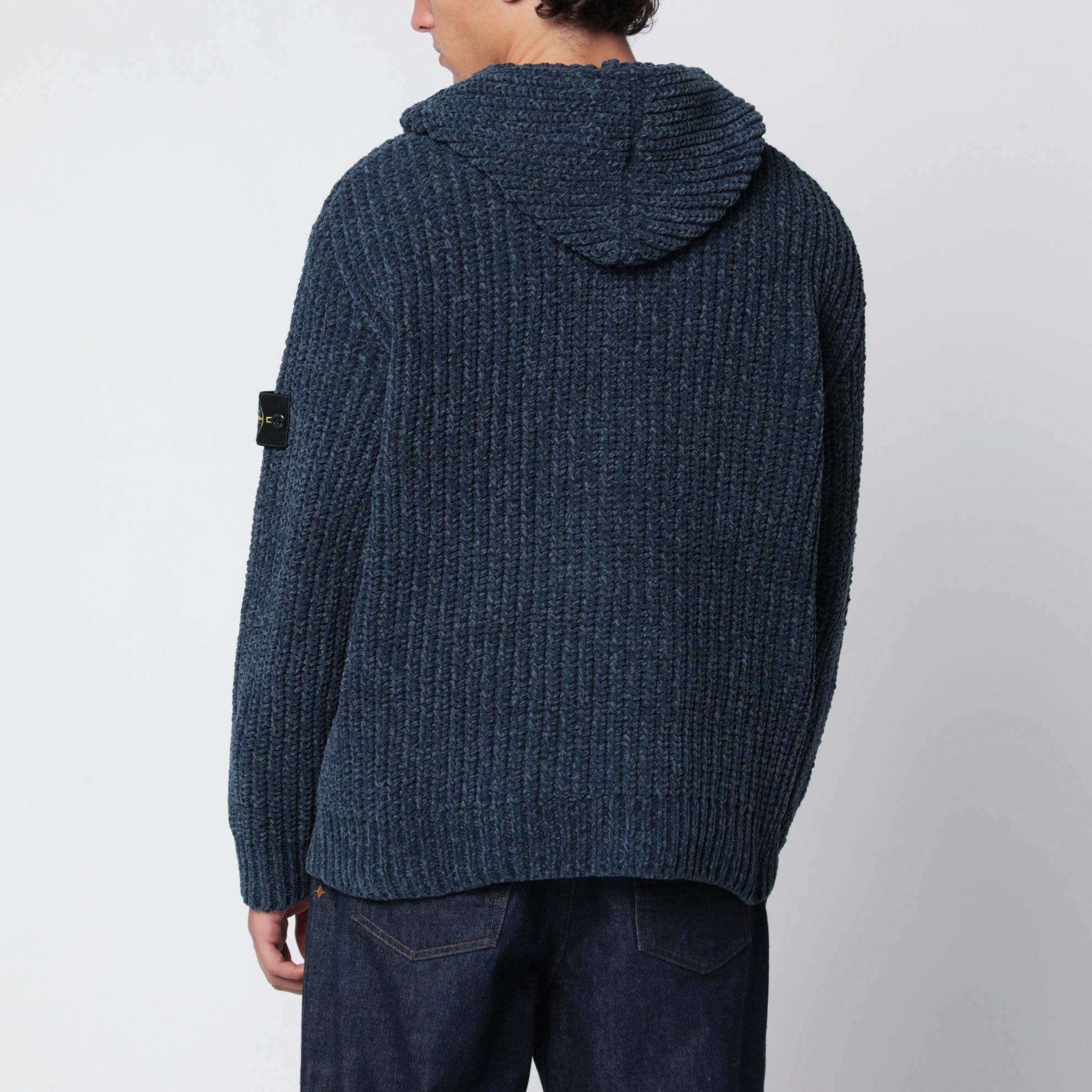 Sweat à capuche zippé bleu acier en chenille