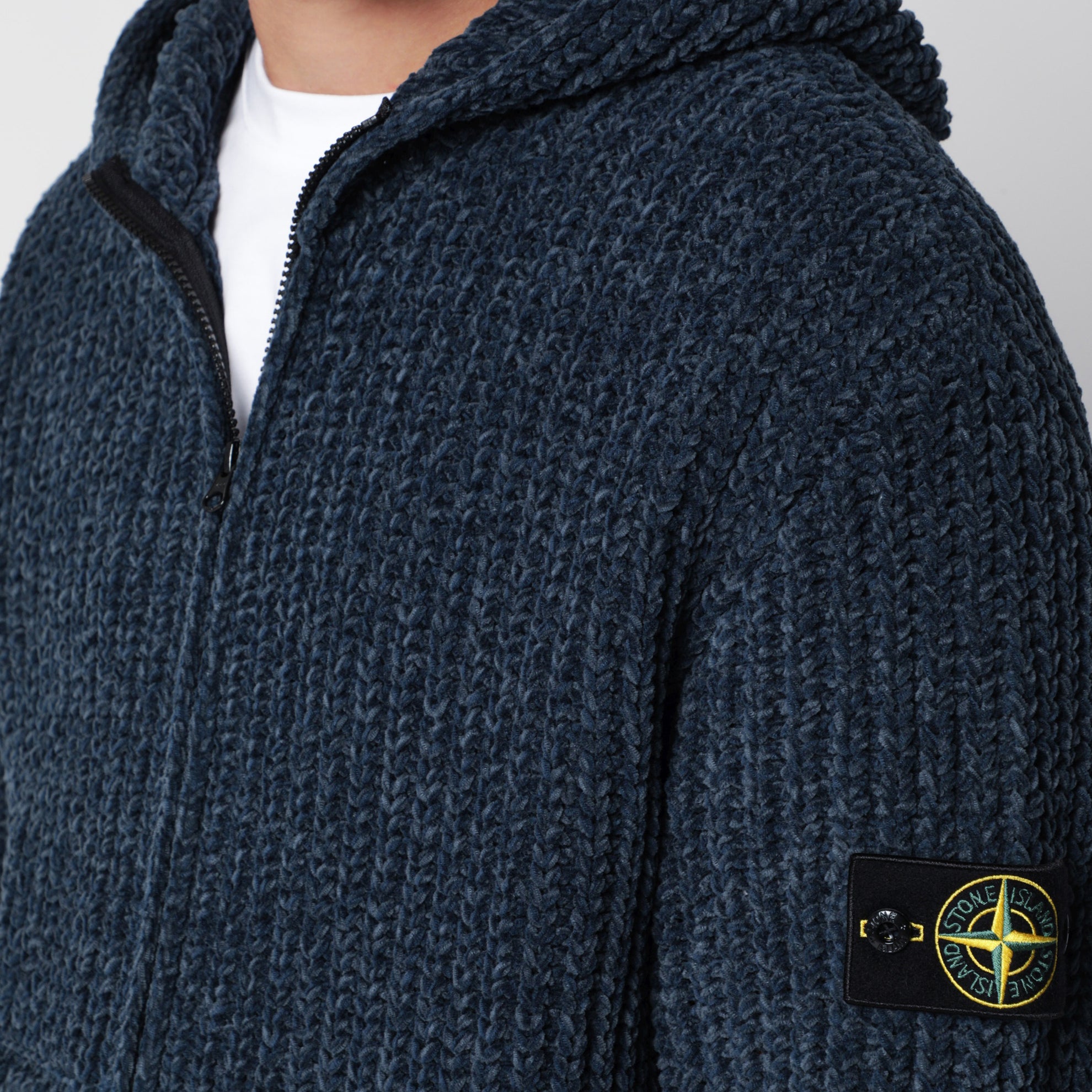 Sweat à capuche zippé bleu acier en chenille