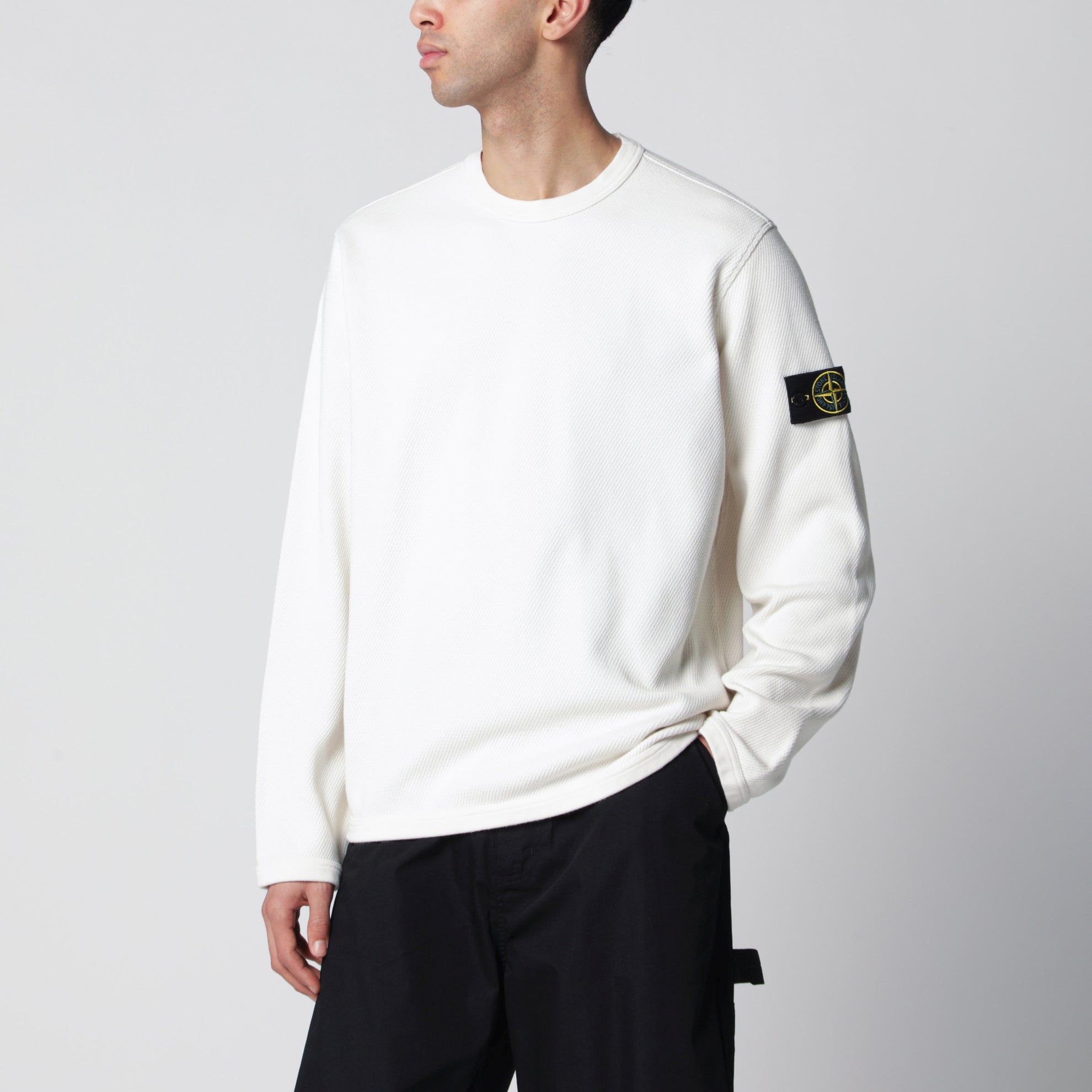 Rundhals-Sweatshirt aus elfenbeinfarbener Baumwoll-Netzstoff