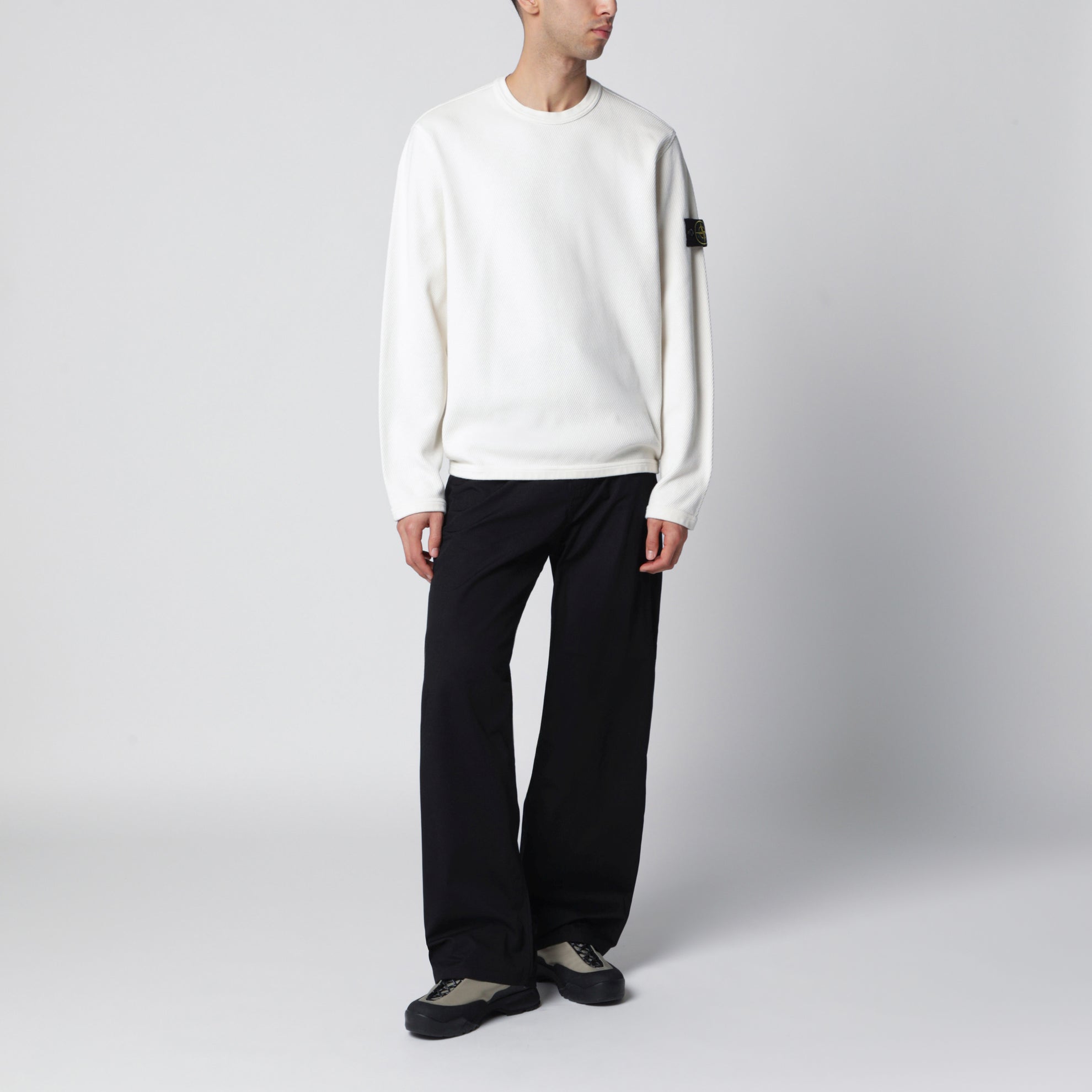 Rundhals-Sweatshirt aus elfenbeinfarbener Baumwoll-Netzstoff