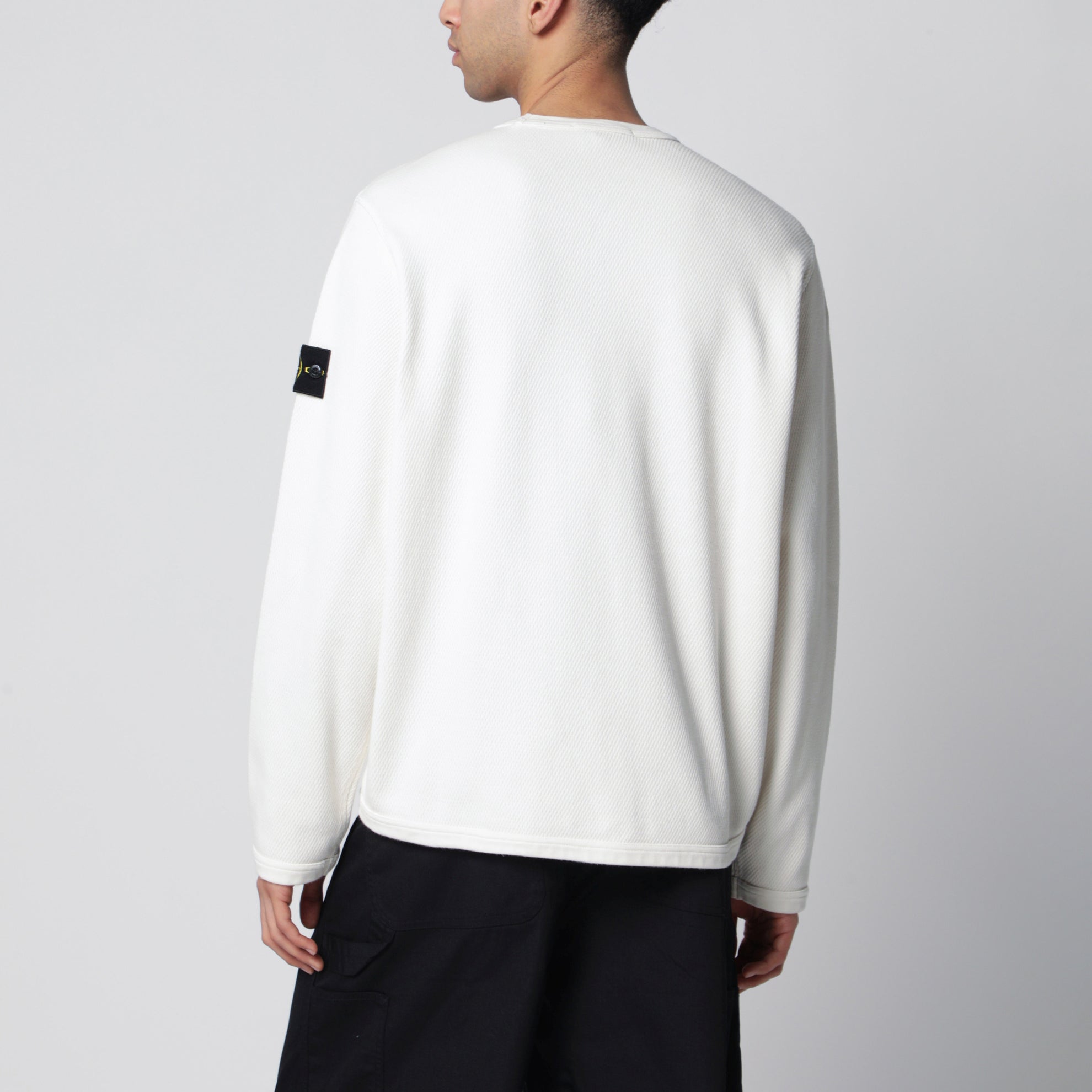 Rundhals-Sweatshirt aus elfenbeinfarbener Baumwoll-Netzstoff