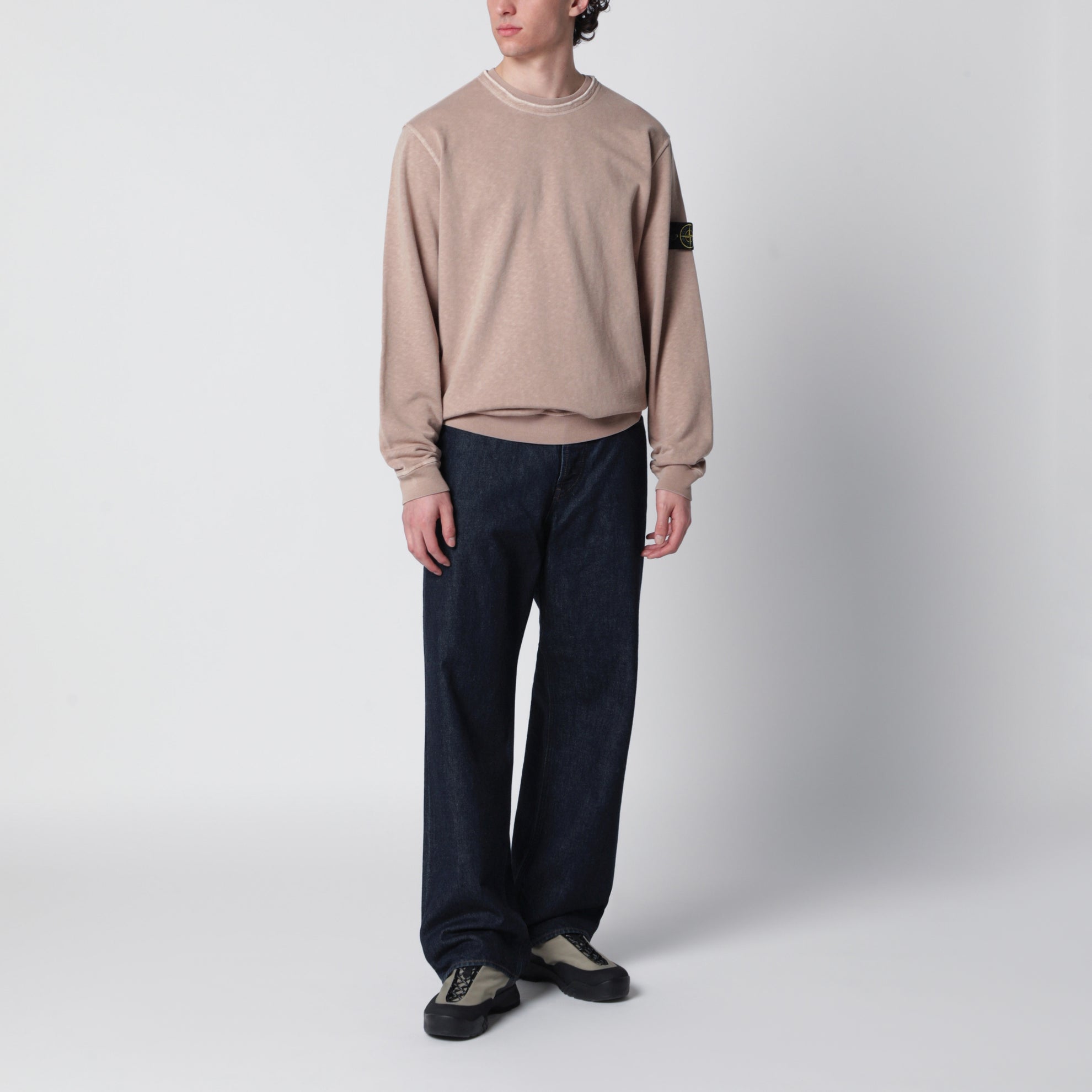 Crewneck sweatshirt with OLD garment-dyed treatment in slub cotton in beige