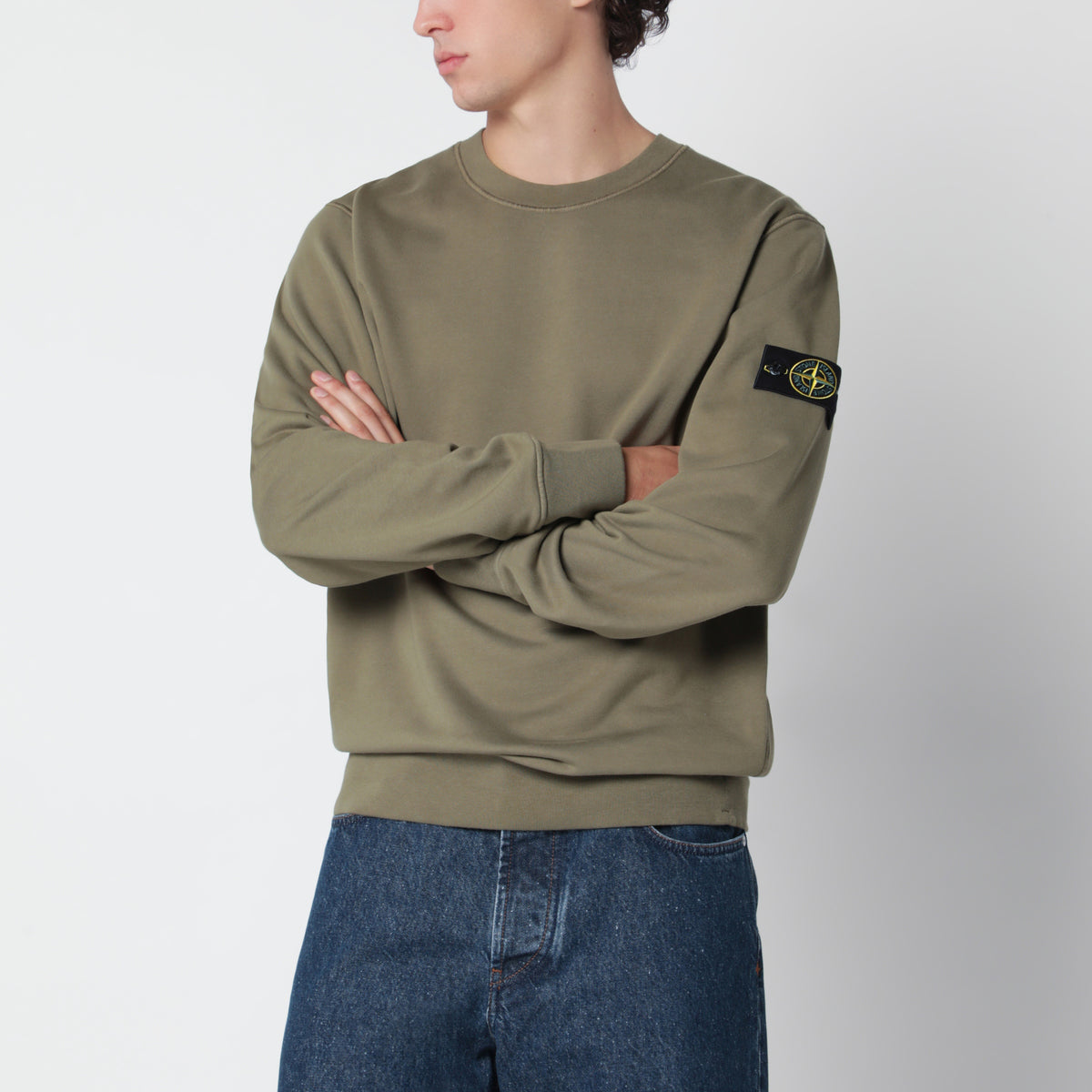 Sweat-shirt col rond vert militaire en coton